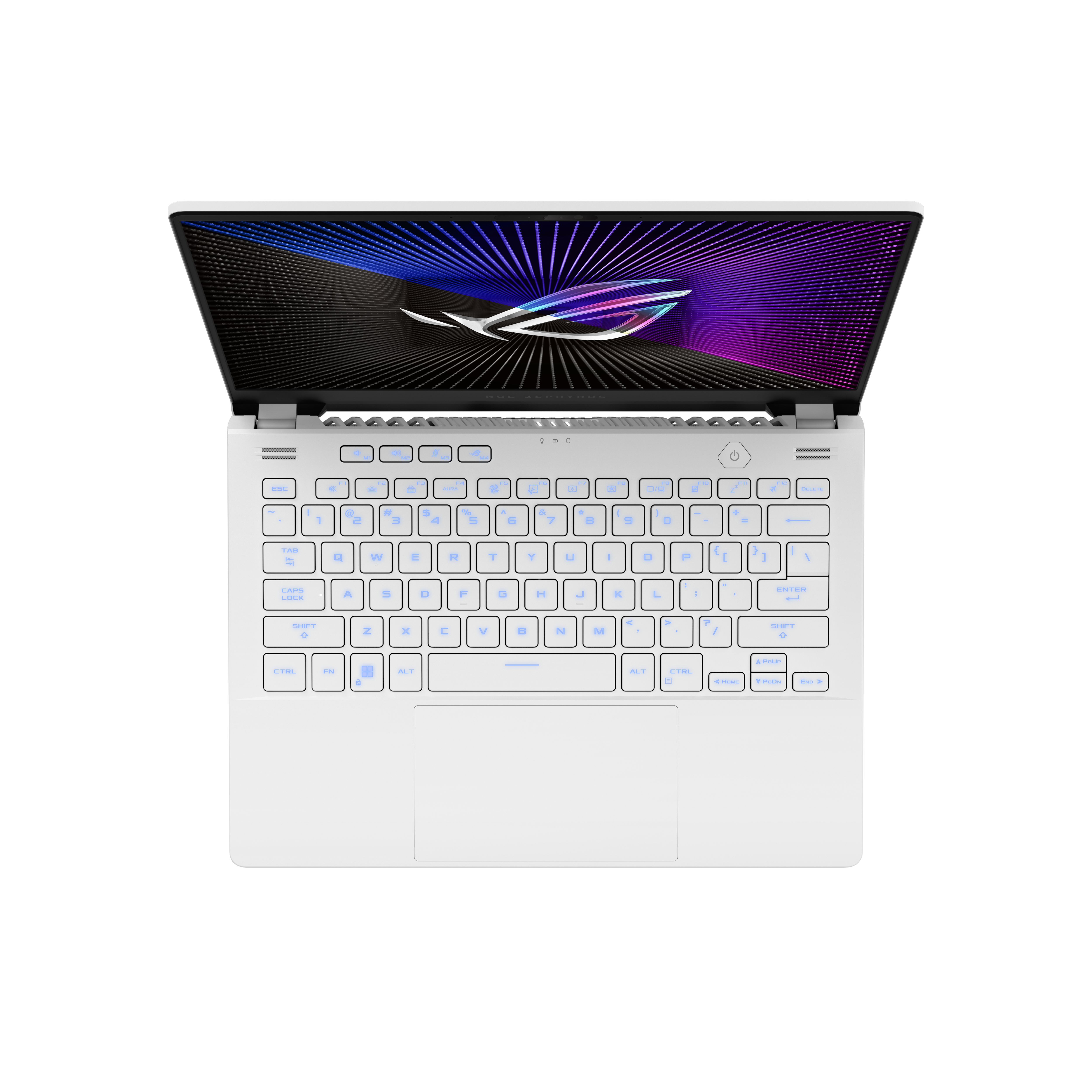 Laptop blanco con pantalla abierta. Teclado con teclas retroiluminadas azules.