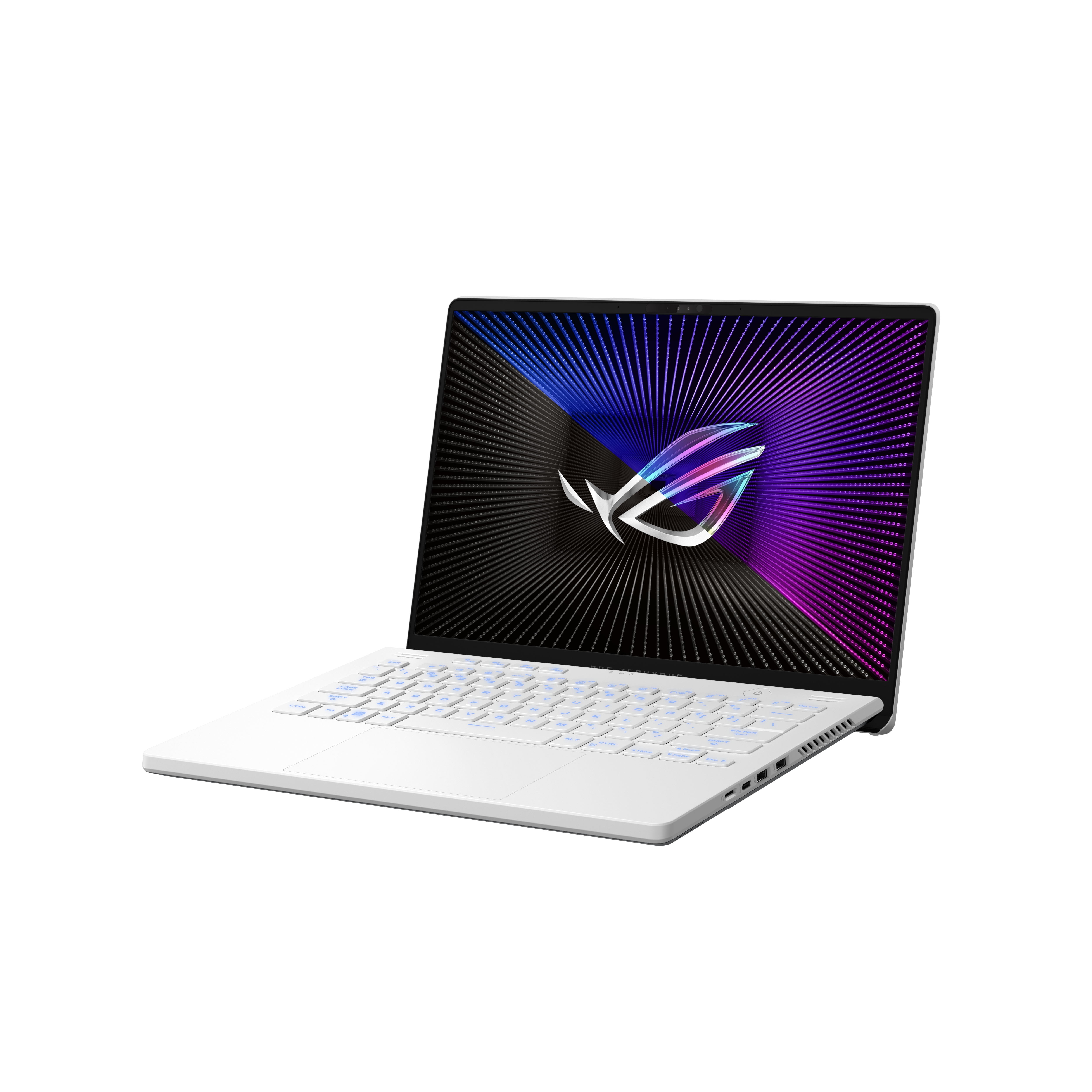 Portátil blanco con pantalla colorida, sobre una superficie blanca.