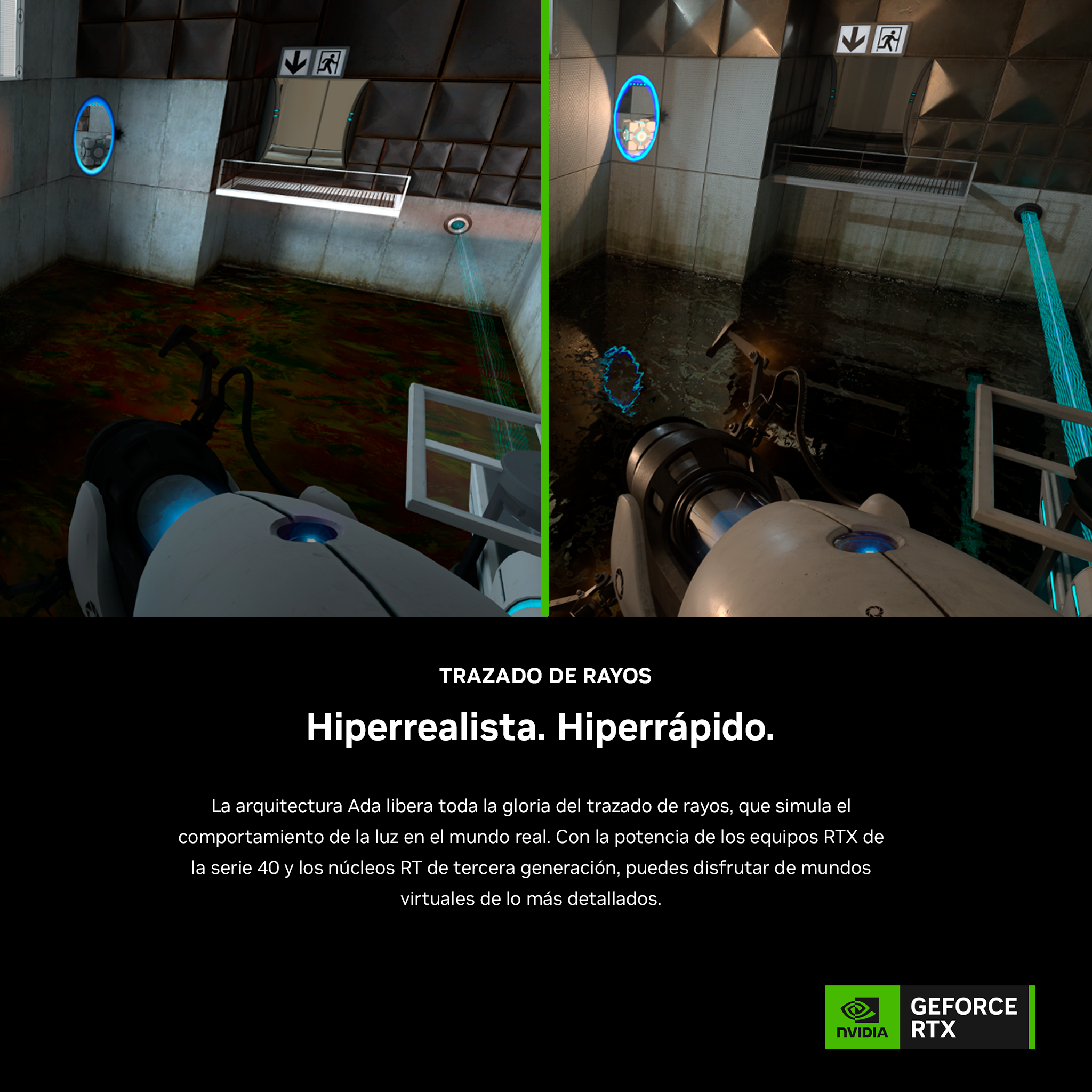 Dos escenas del juego Portal, mostrando la tecnología de trazado de rayos y sus beneficios.