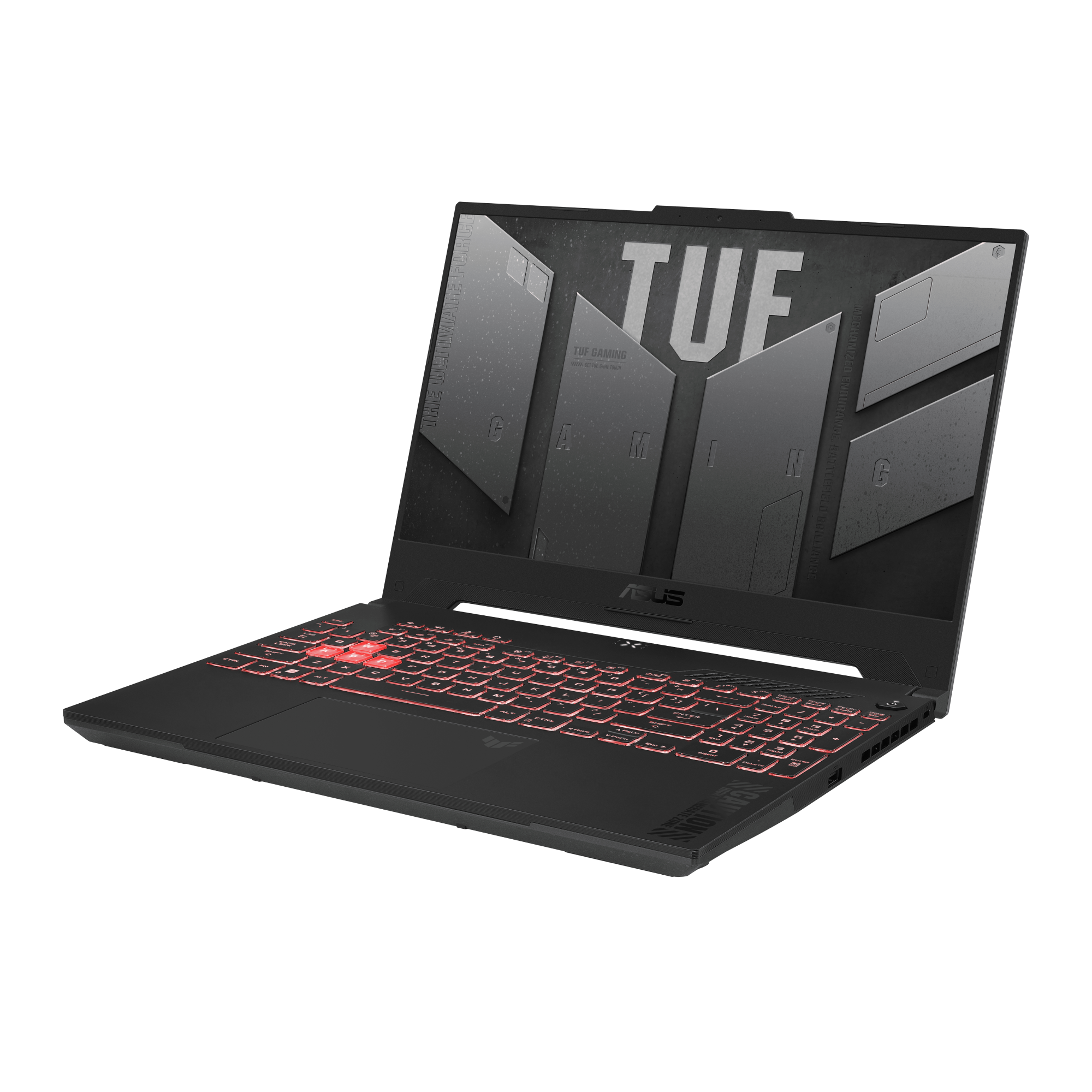 Portátil Asus TUF negro, abierto sobre una superficie blanca. Teclado iluminado en rojo.