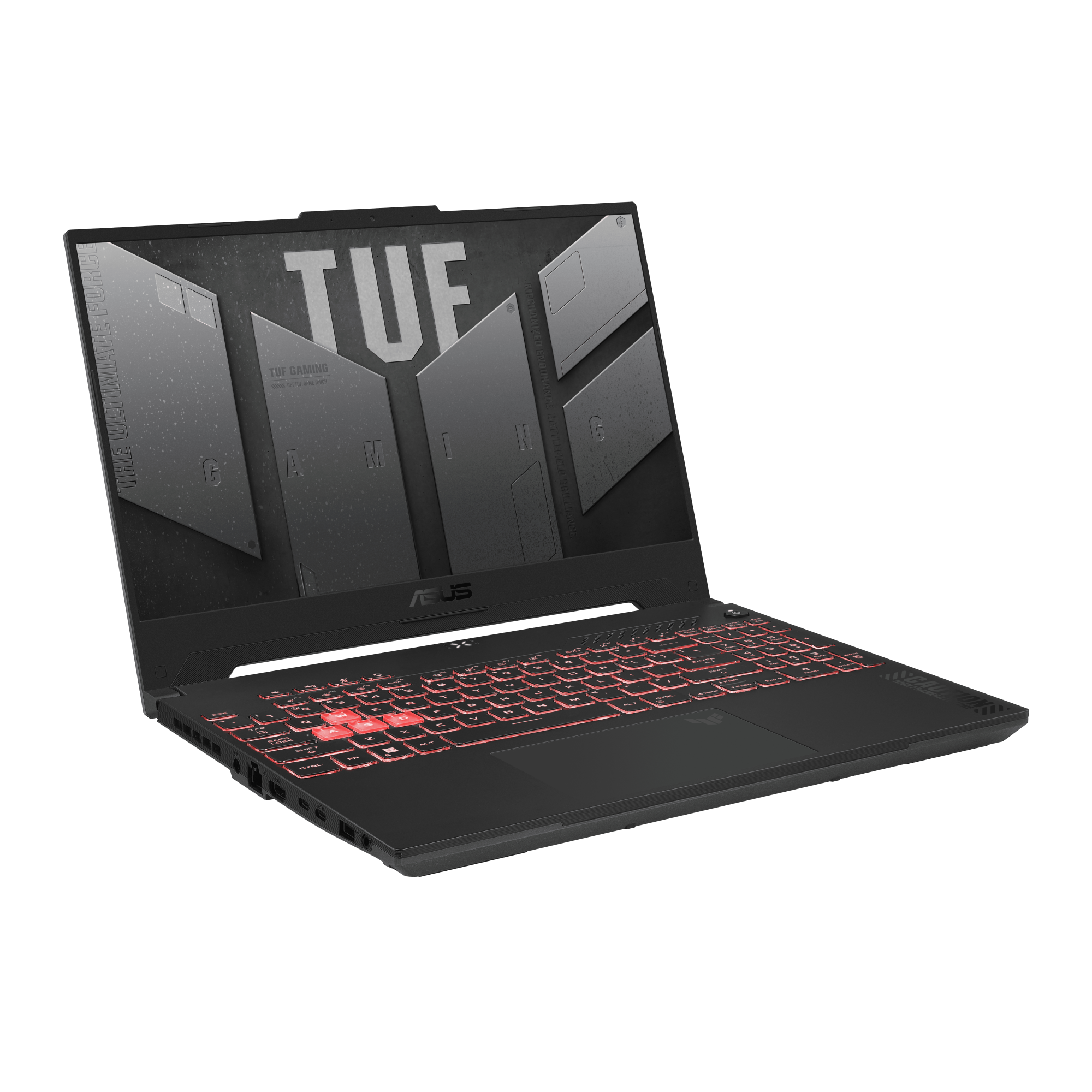 Un portátil negro con teclado retroiluminado en rojo, abierto sobre una superficie.