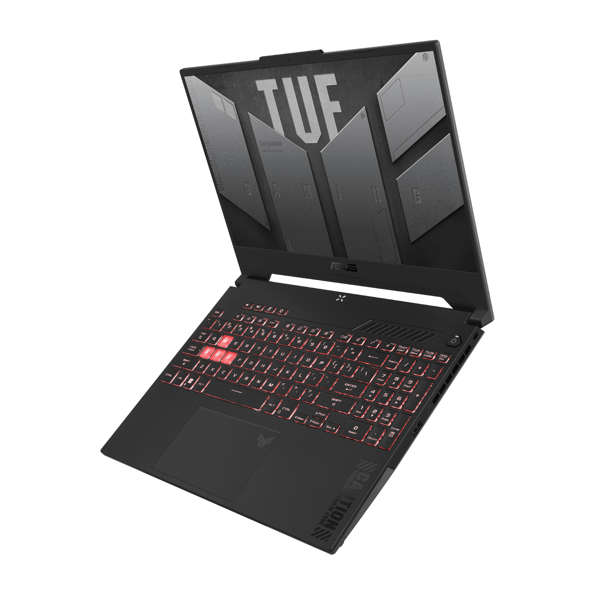 Portátil negro con teclado retroiluminado rojo, abierto sobre superficie blanca, vista en ángulo.