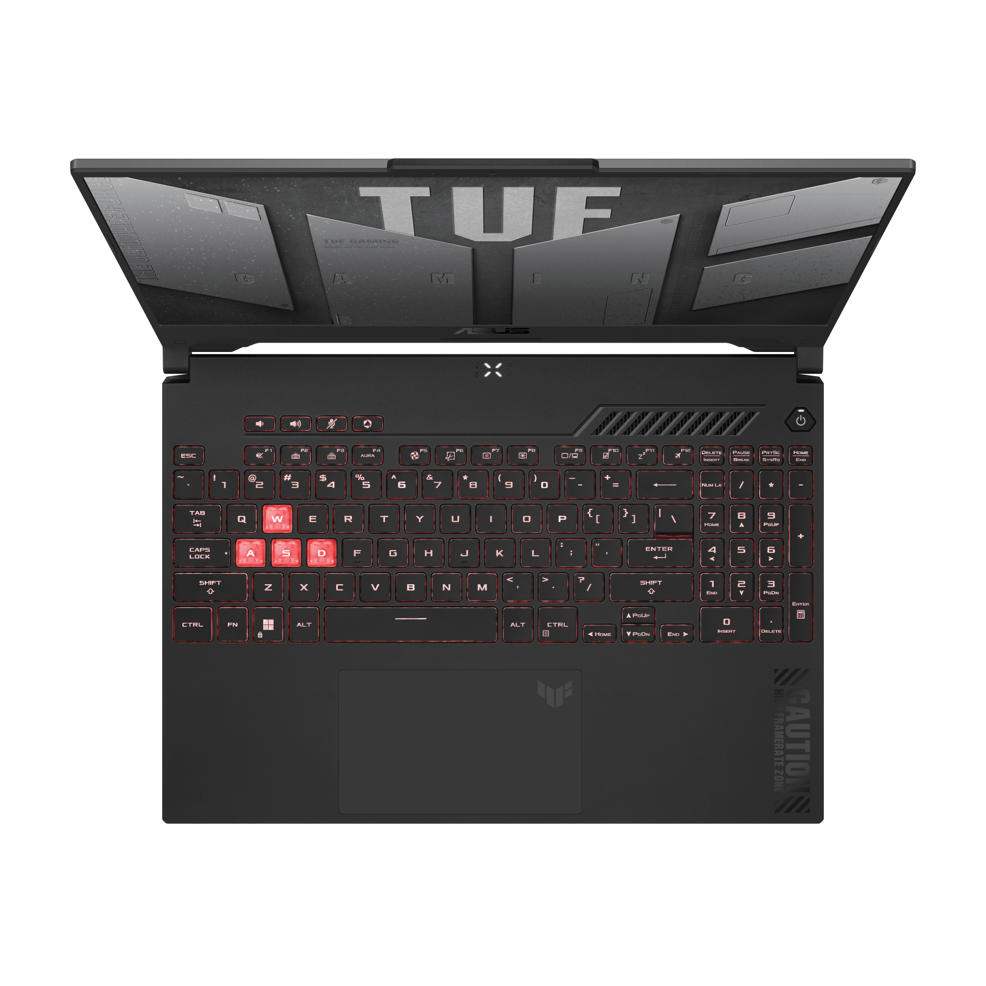 Un portátil con marco negro y teclado retroiluminado en rojo, desde arriba.