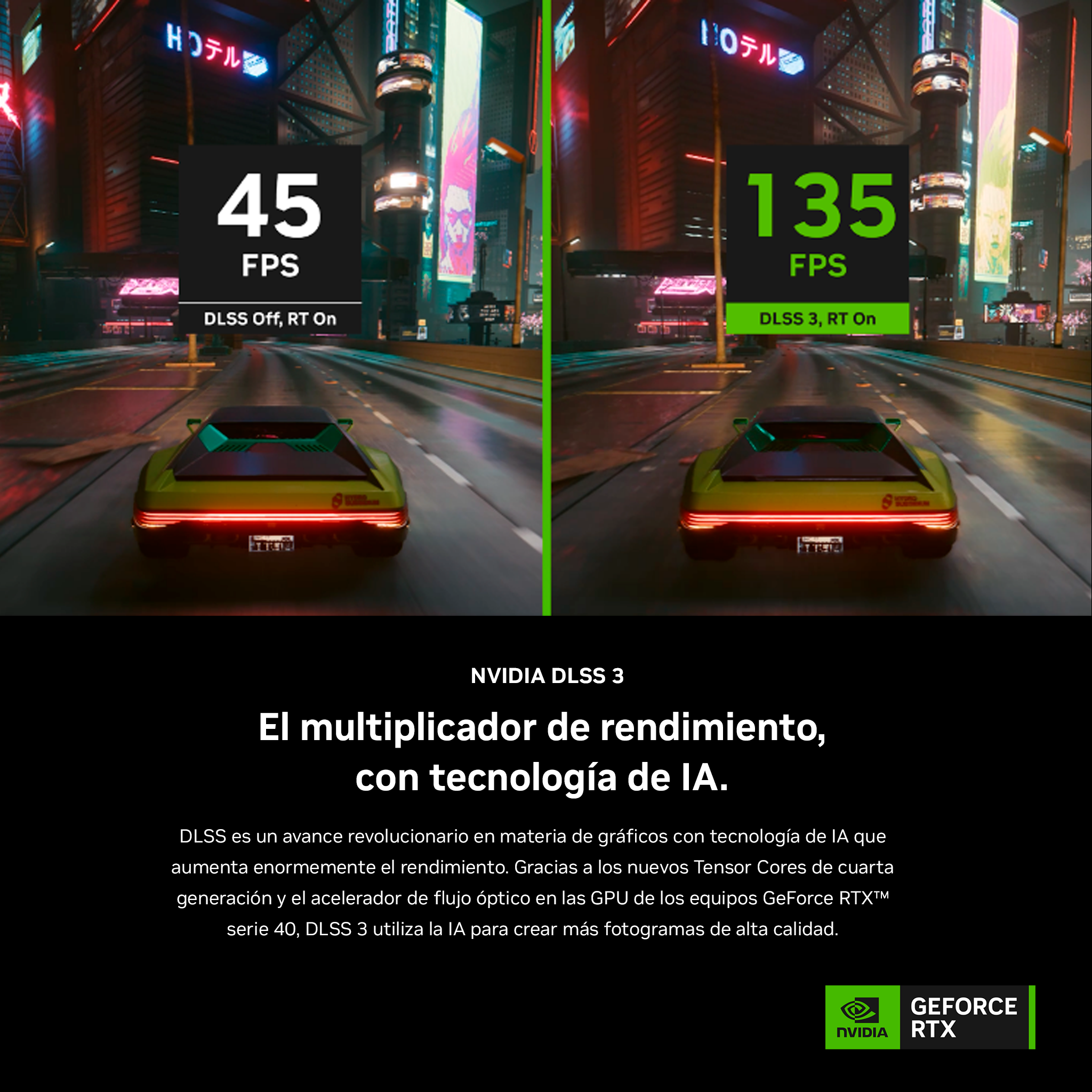 Dos coches en una ciudad de noche, uno con 45 FPS, DLSS Off, y el otro con 135 FPS, DLSS 3, RT On.
