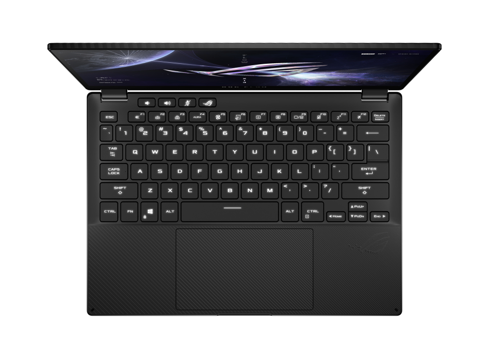 Ordenador portátil con teclado y panel táctil. La pantalla está abierta y muestra una imagen.