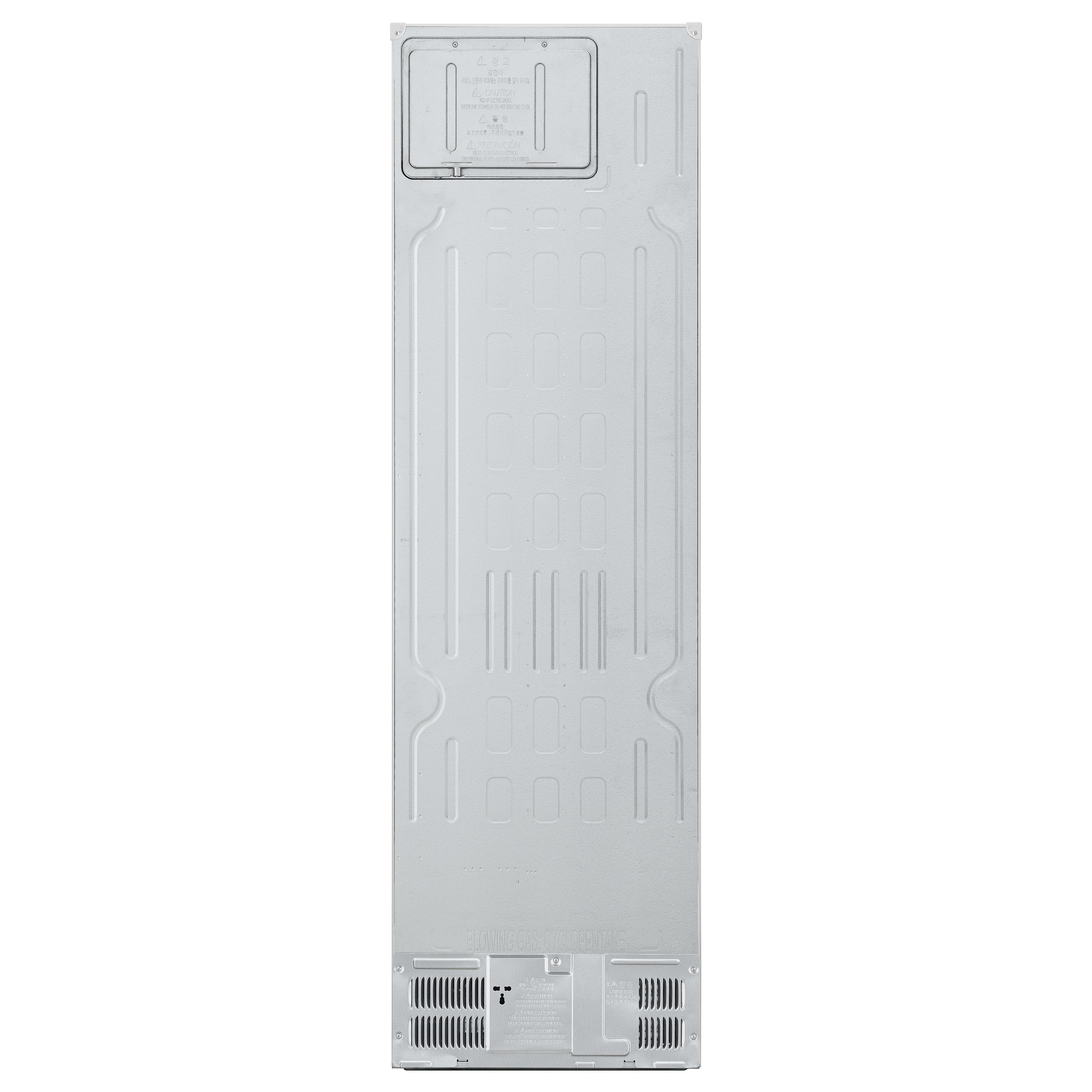 Rückansicht eines weißen Kühlschranks. Die Rückwand hat ein geripptes Design.