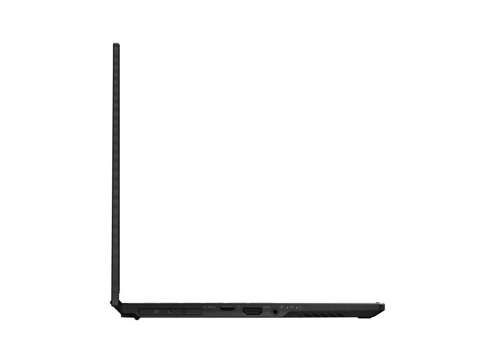 Perfil lateral de una computadora portátil negra. Muestra puertos y la bisagra es visible. Fondo blanco sólido.