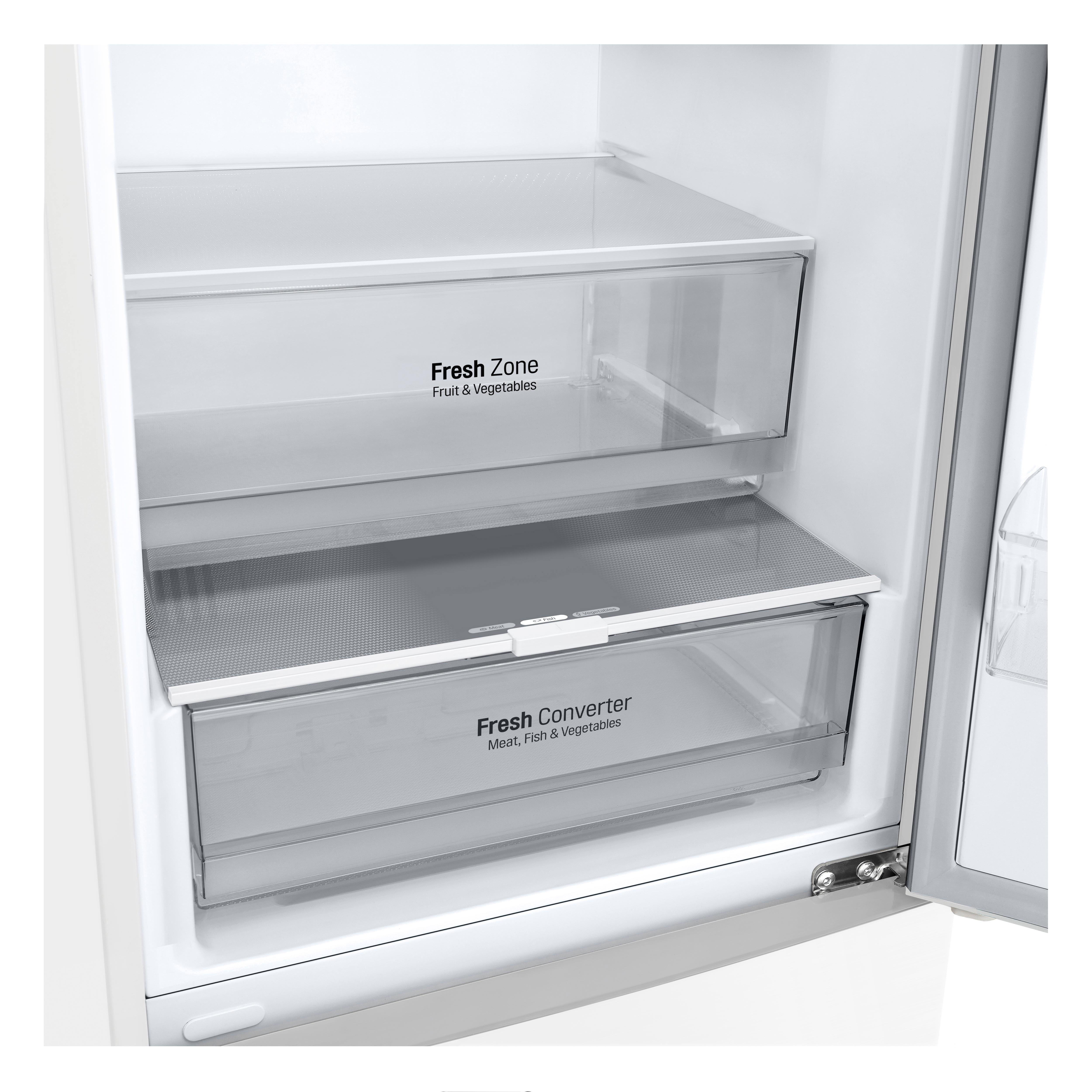 Im Kühlschrank: zwei transparente Schubladen mit der Aufschrift 'Fresh Zone' und 'Fresh Converter'.
