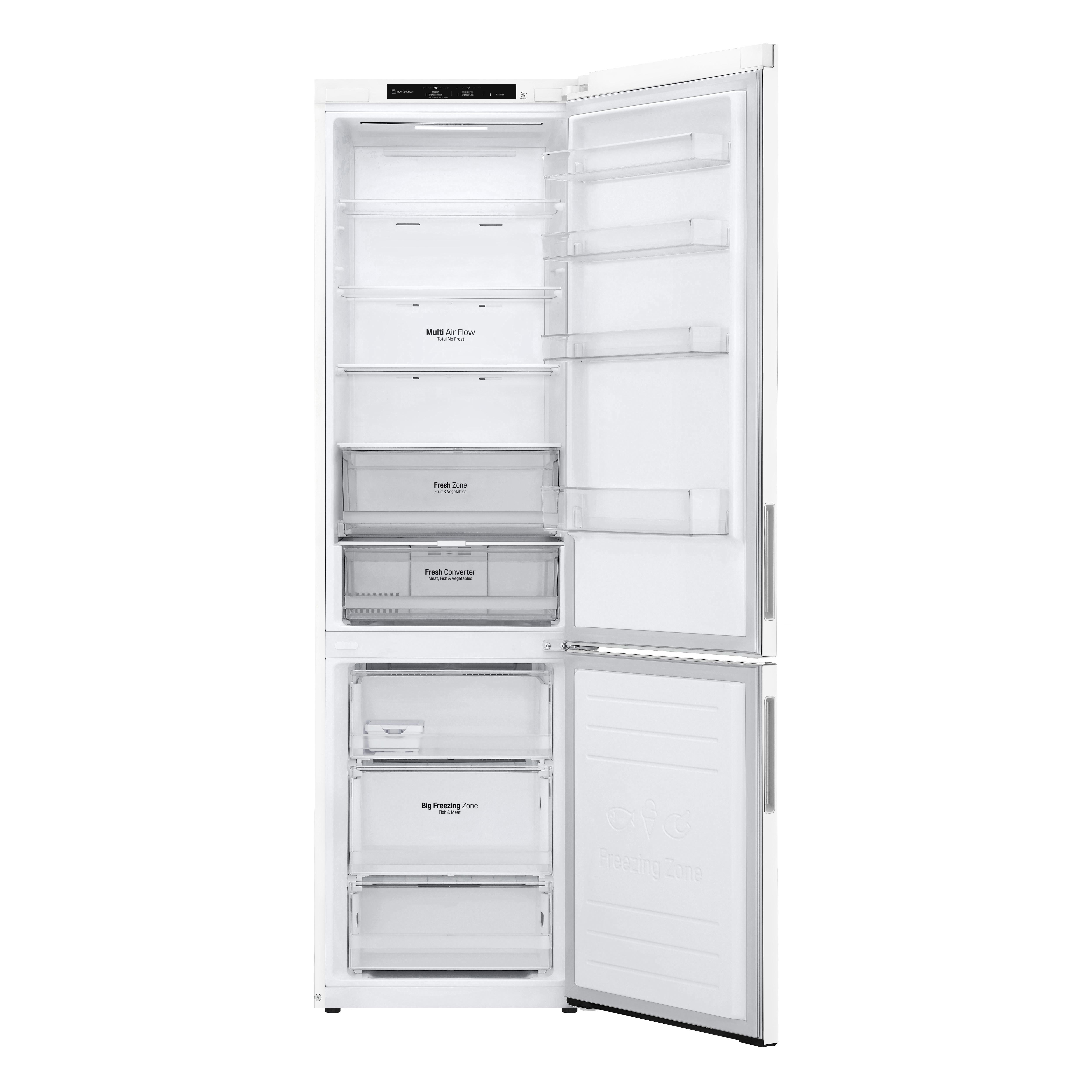 Ein weißer Kühlschrank mit geöffneten Türen, die Regale, Schubladen und Inhalte zeigen.