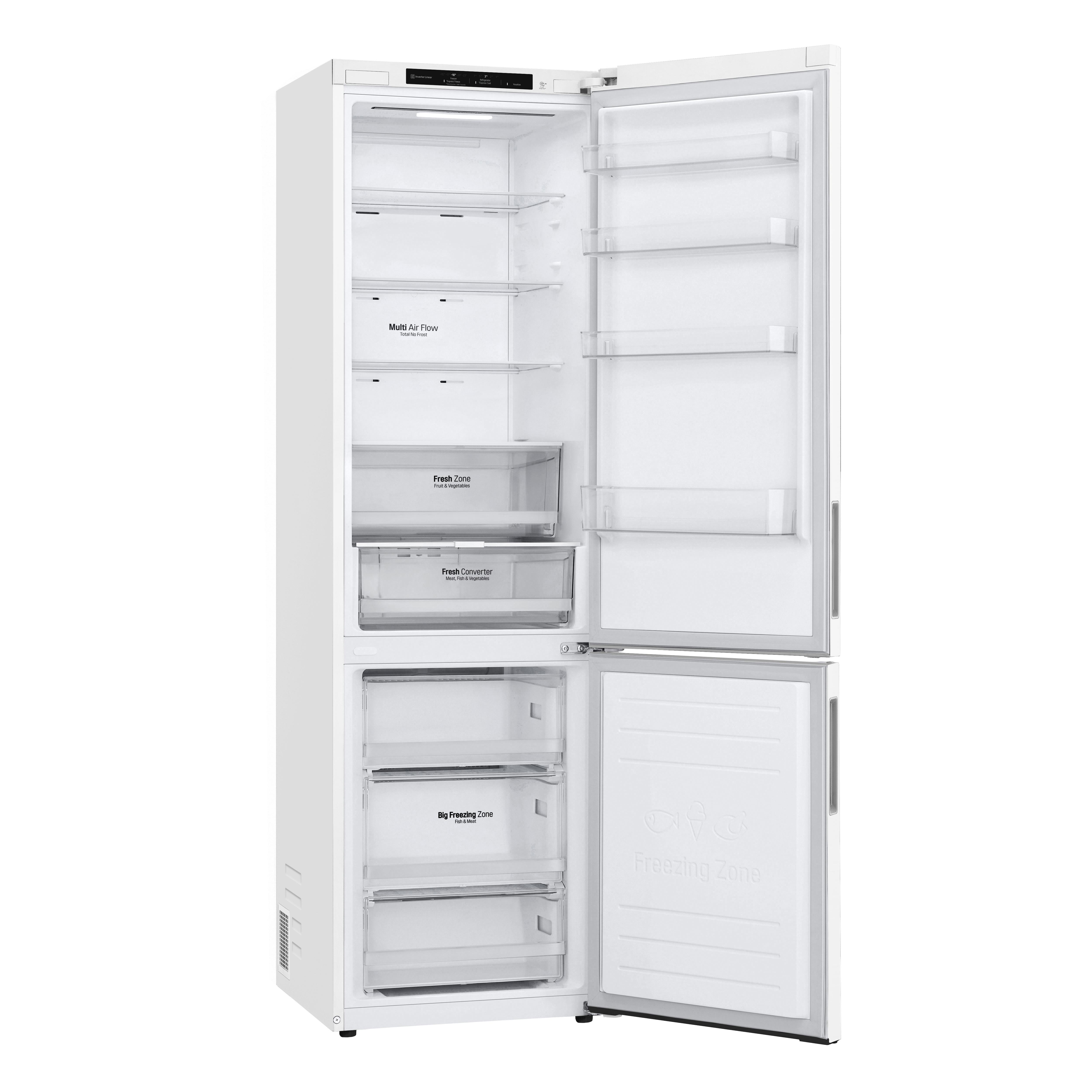 Ein weißer Kühlschrank mit offenen Türen, der Regale und Fächer zeigt.