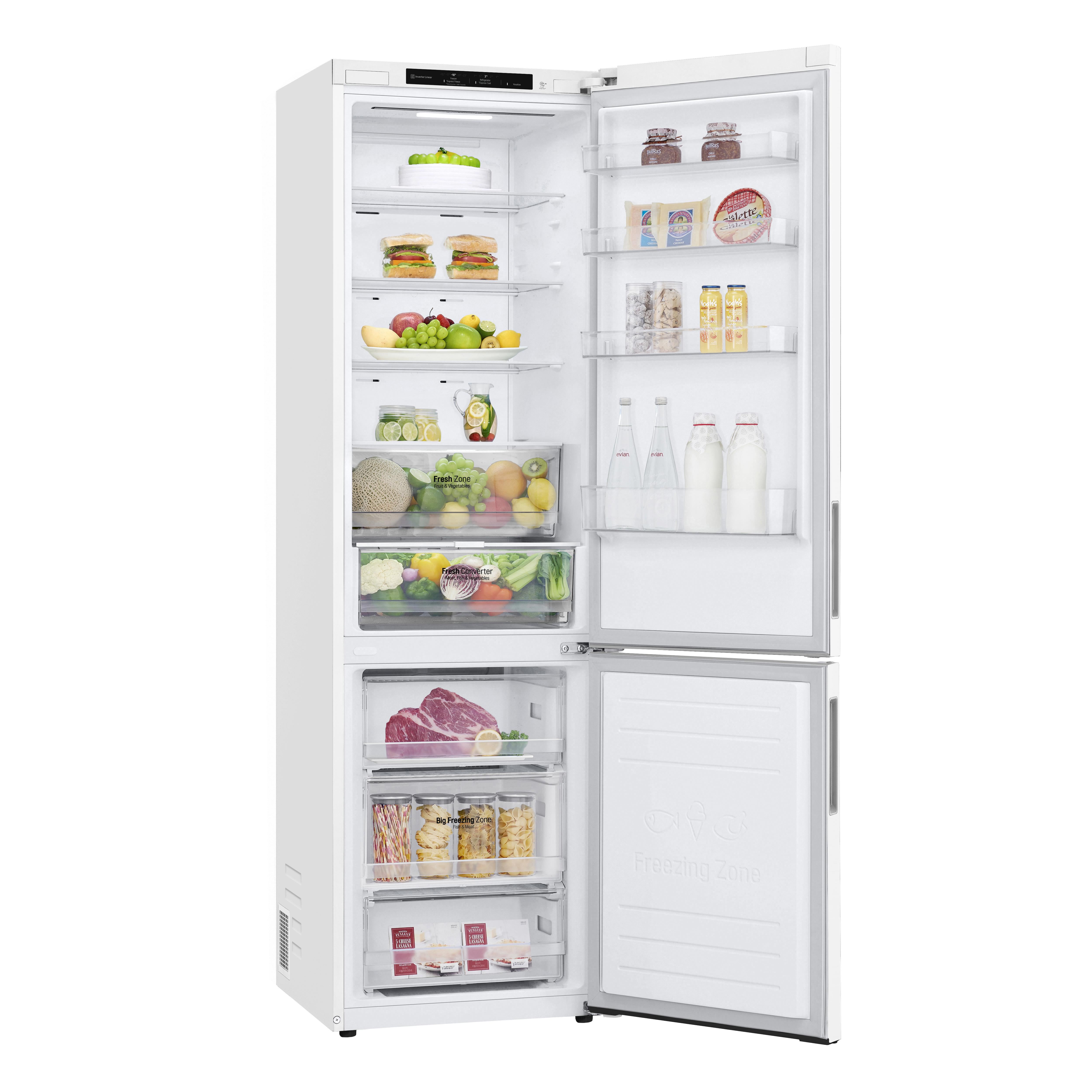 Ein weißer LG Kühlschrank mit offenem Gefrierfach und Kühlschrank.