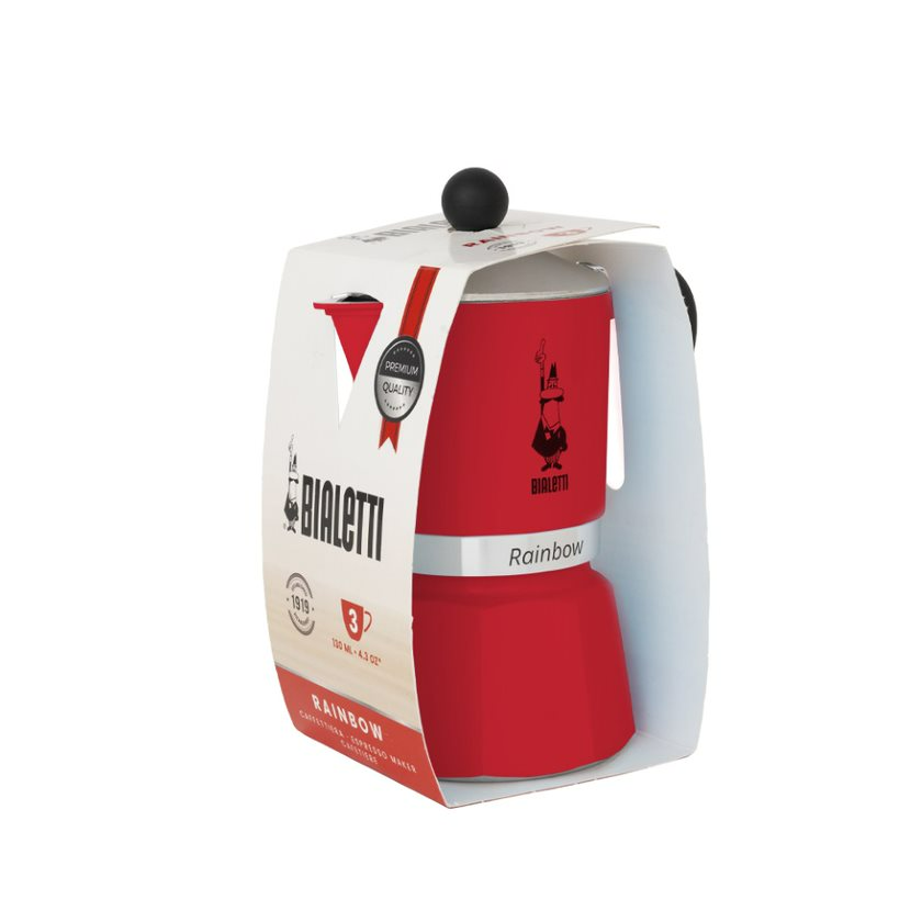 Egy piros Bialetti Rainbow kávéfőző a csomagolásában. A csomagolás fehér, rajta a Bialetti logó.