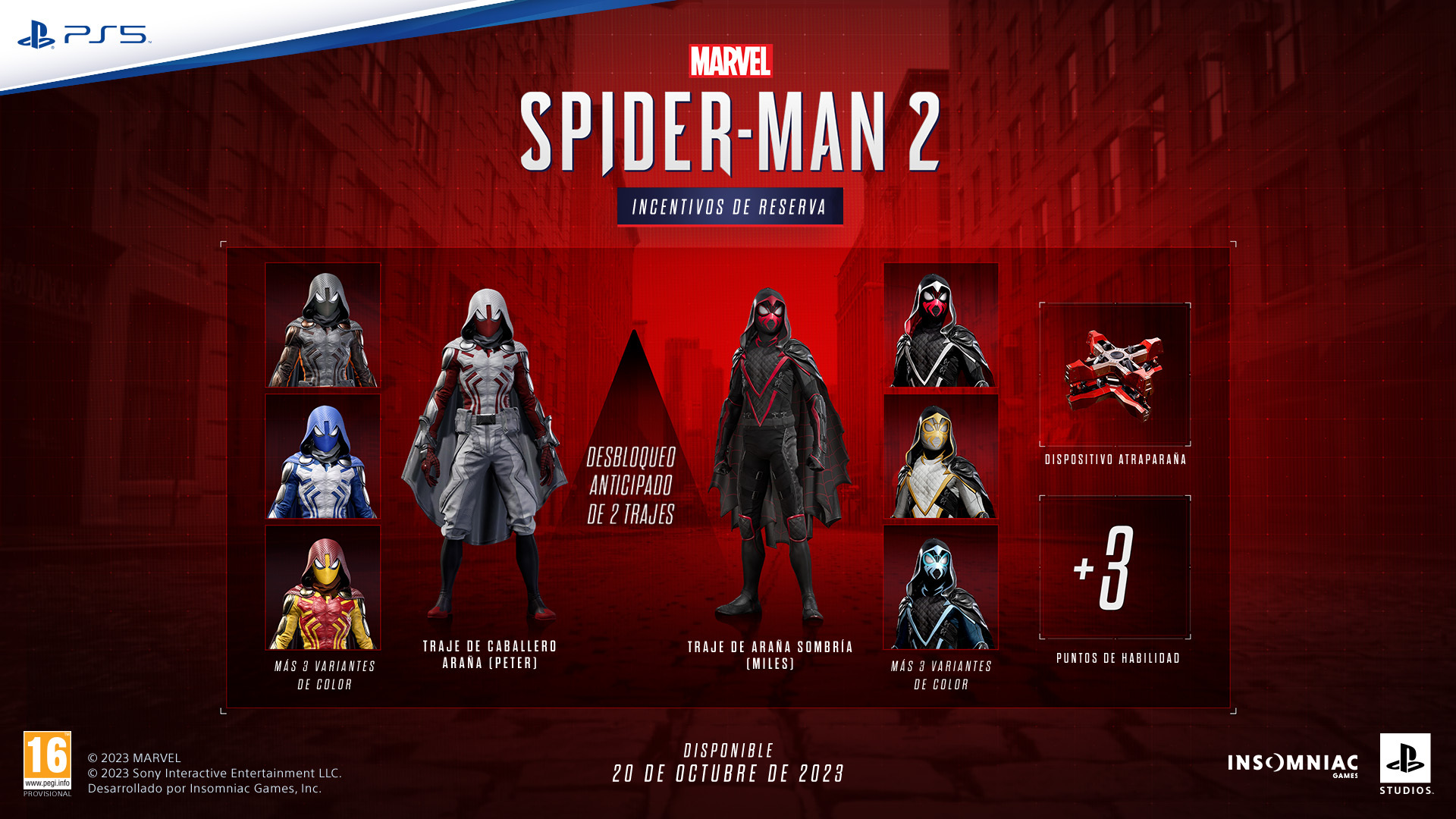 Imagen promocional del juego Spider-Man 2. Muestra varios trajes, un lanzaredes y +3 puntos de habilidad.