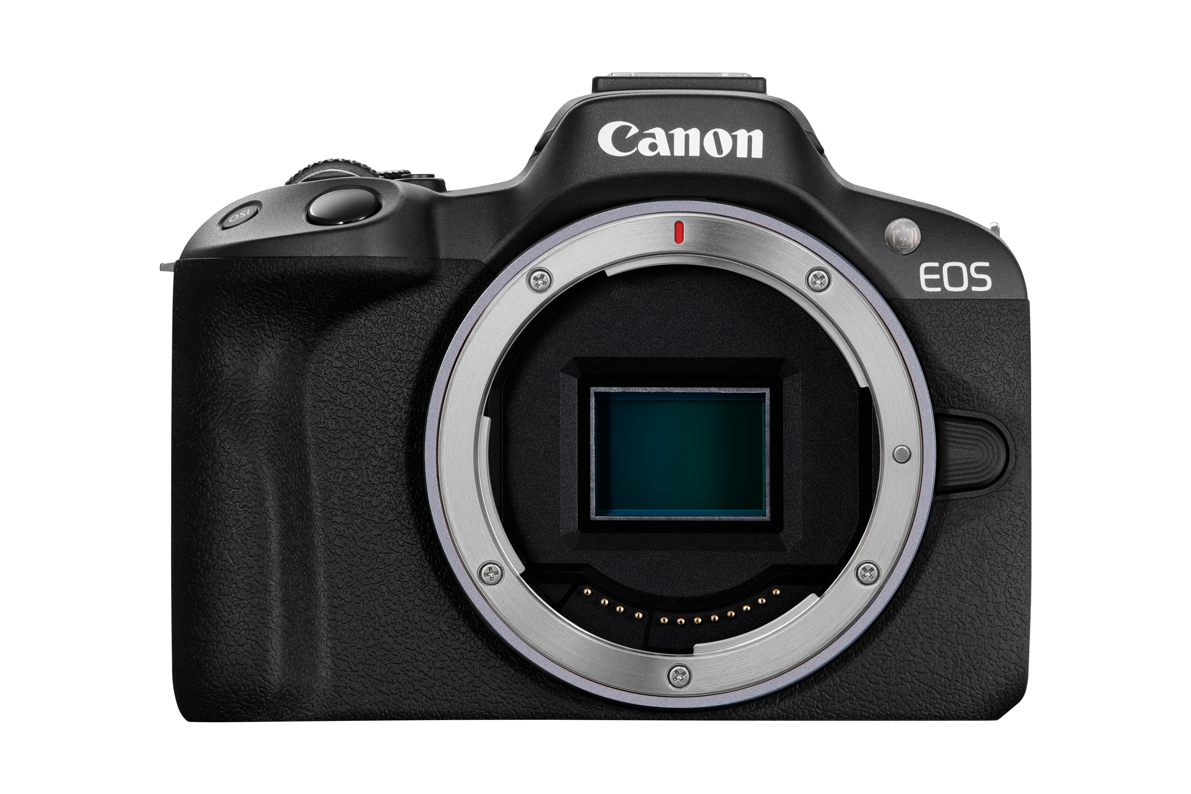 Siyah Canon EOS fotoğraf makinesi, lens yuvası ve Canon logosu.