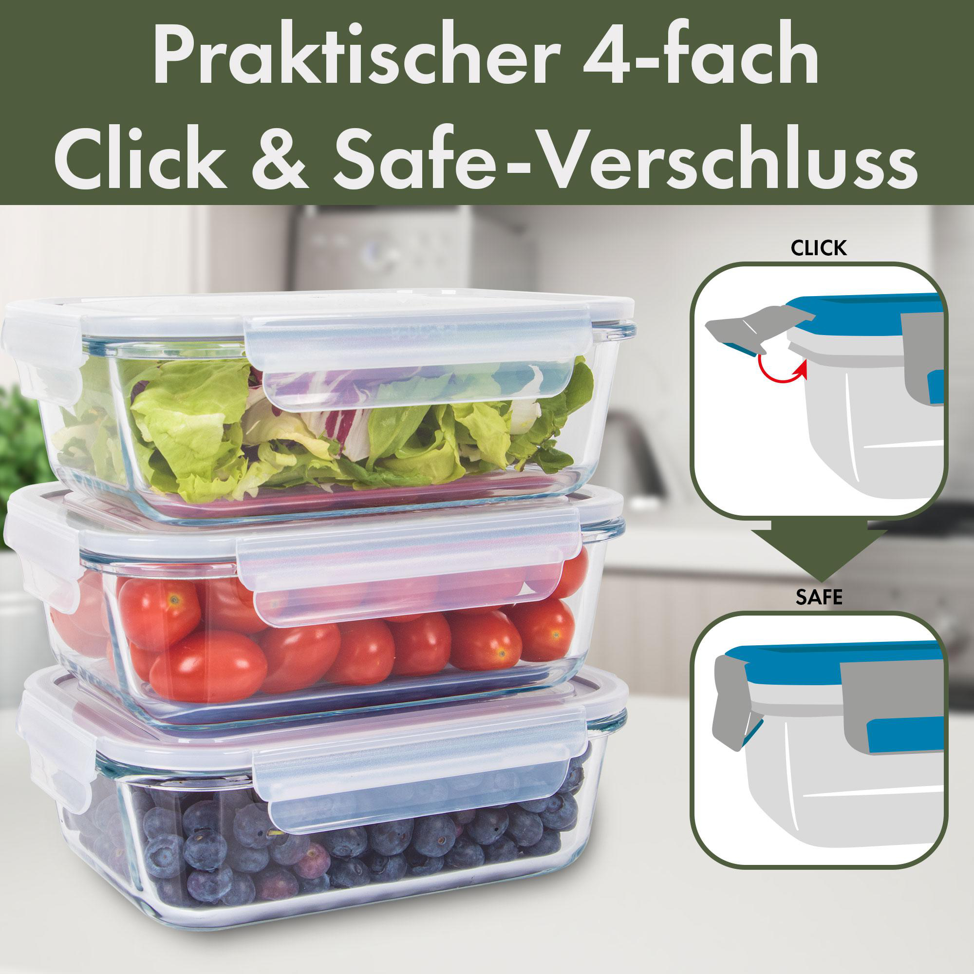 Drei Glasbehälter mit Deckeln, gefüllt mit Salat, Tomaten und Blaubeeren. Detail des Sicherheitsverschlusses.