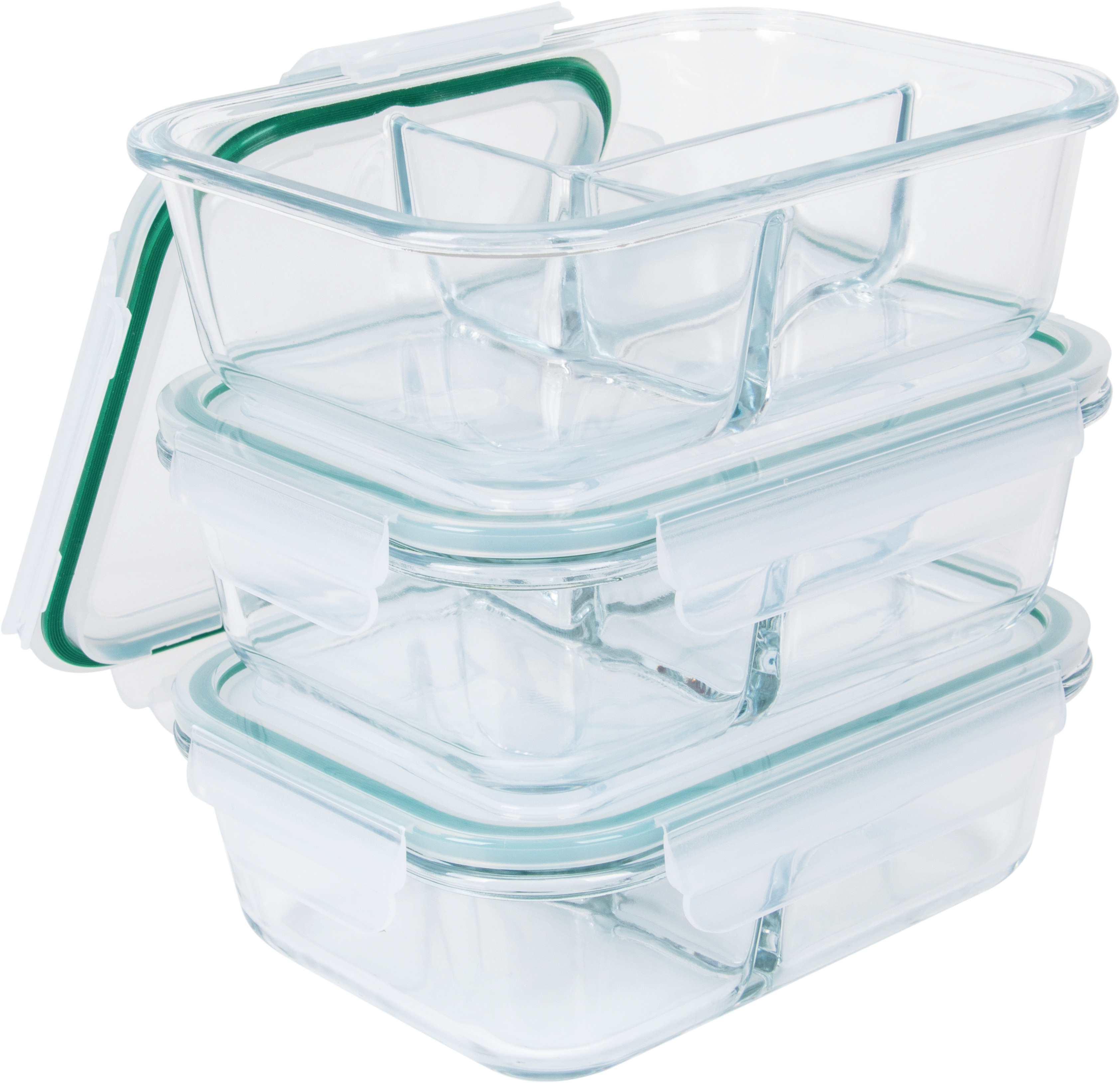 Drei transparente Glasbehälter für Lebensmittel. Jeder ist in drei Abschnitte unterteilt und hat einen grünen Deckel.