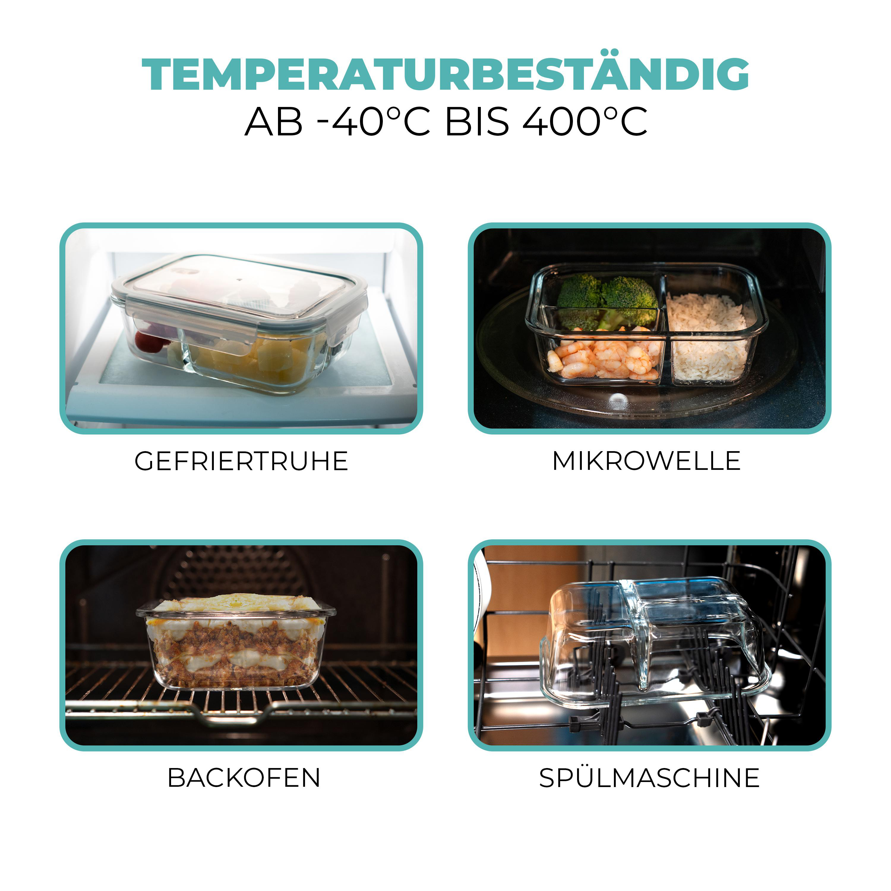 Vier Bilder, die Lebensmittelbehälter in Gefrierschrank, Mikrowelle, Backofen und Geschirrspüler zeigen.
