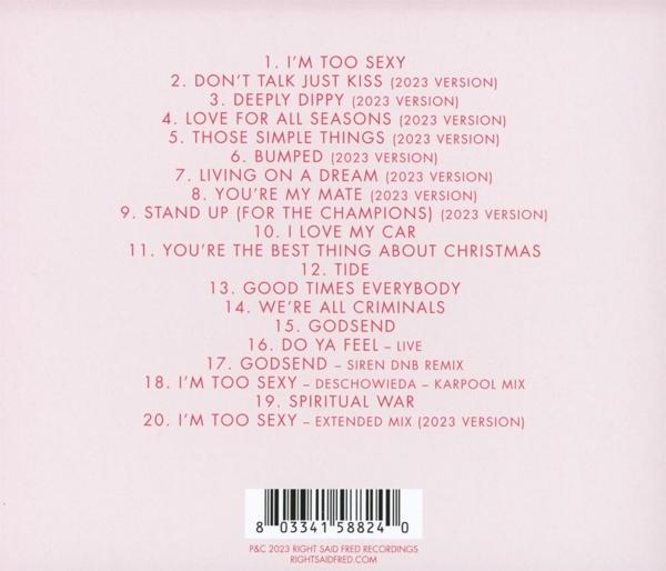 Rückseite einer CD mit rosa Hintergrund und Titelliste. Das Right Said Fred-Logo und Barcode sind ebenfalls vorhanden.