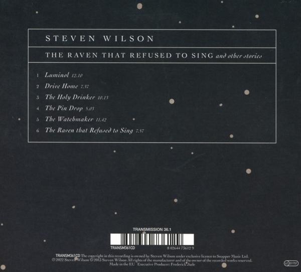 Rückseite des Albums von Steven Wilson, mit Titelliste und Credits auf sternenklarem Hintergrund.