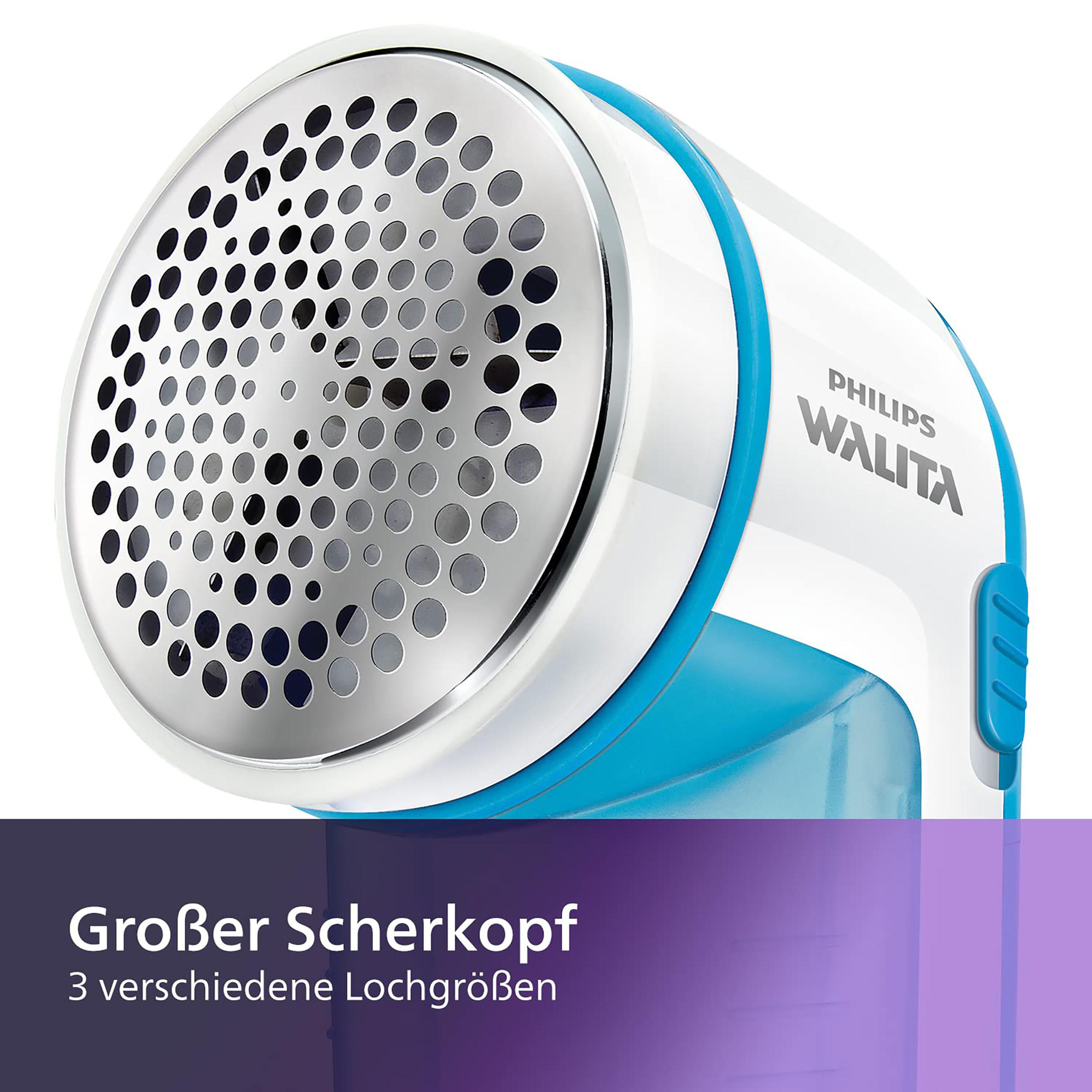 Ein weiß-blauer Philips Walita Fusselrasierer mit großem Scherkopf.