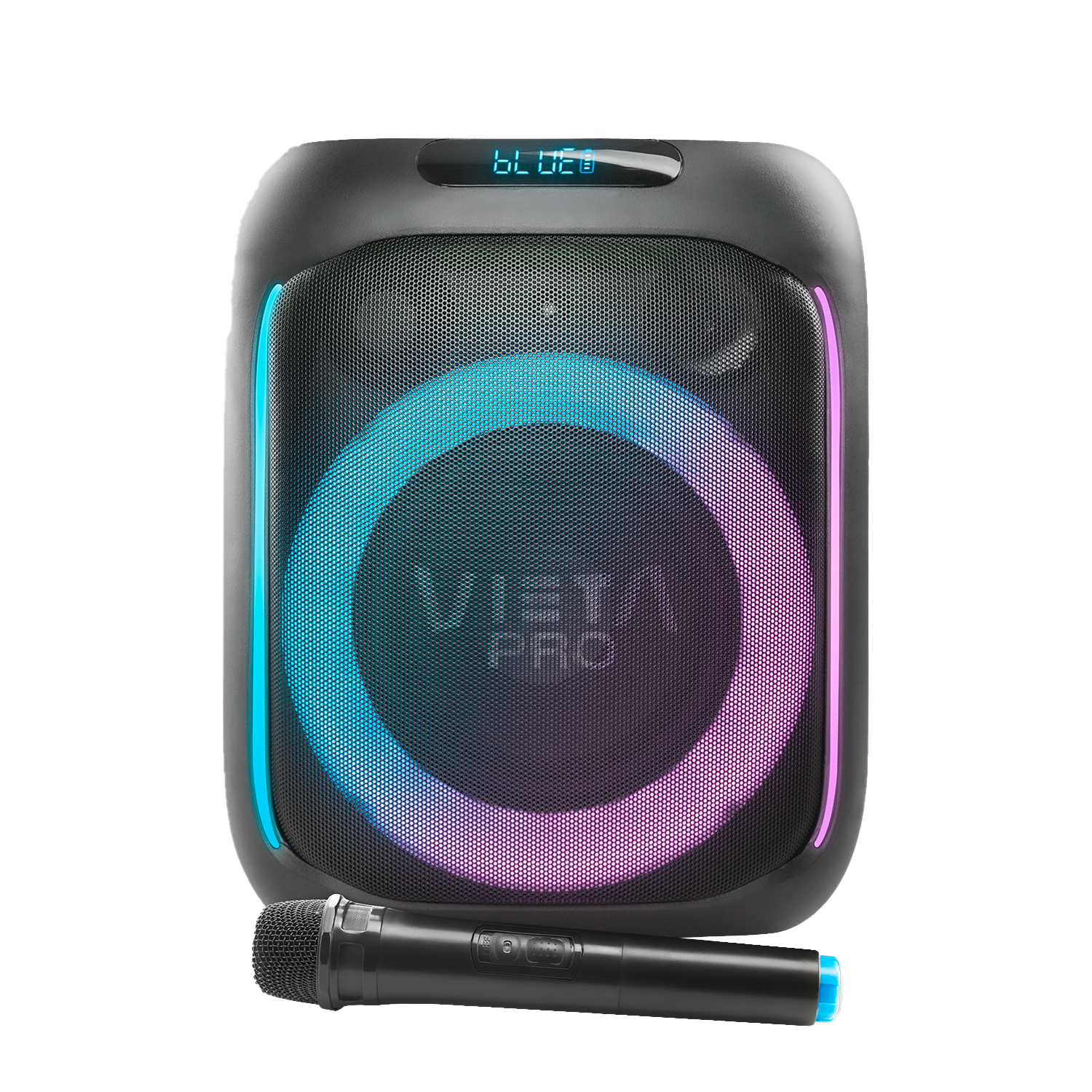 Un altavoz Vista Pro negro con luces azules y moradas y un micrófono.