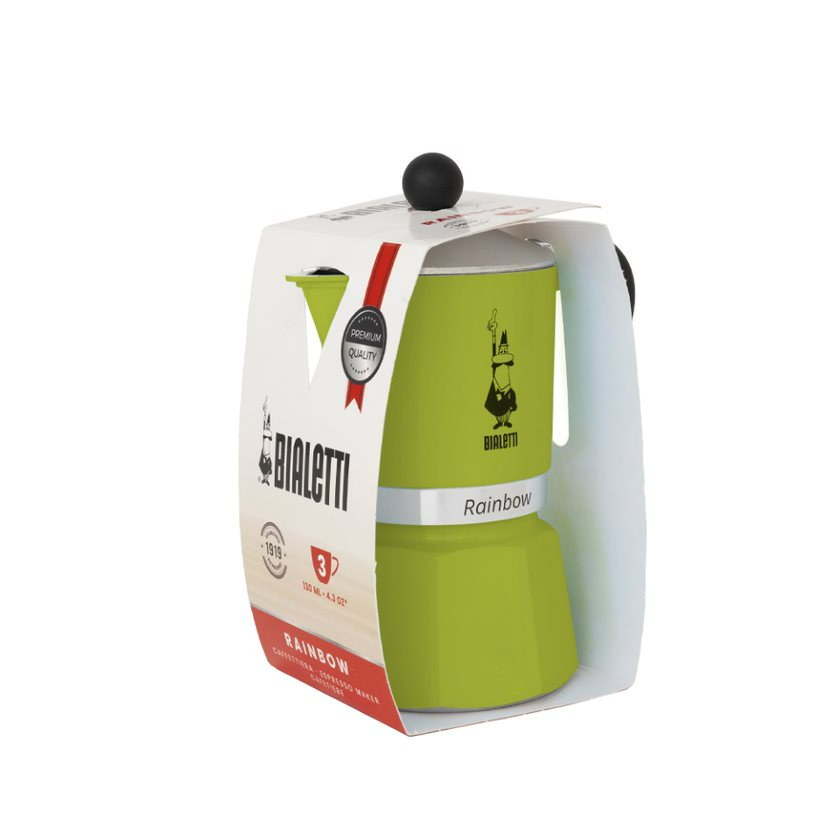 Egy zöld Bialetti Rainbow eszpresszó kávéfőző a csomagolásában, a Bialetti logóval és a szivárványos dizájnnal.