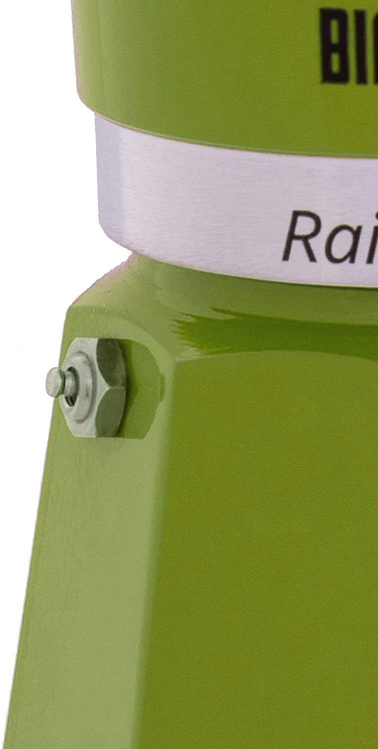 Zöld kávéfőző aljának közeli képe csavarral és a 'Rainbow' szóval.