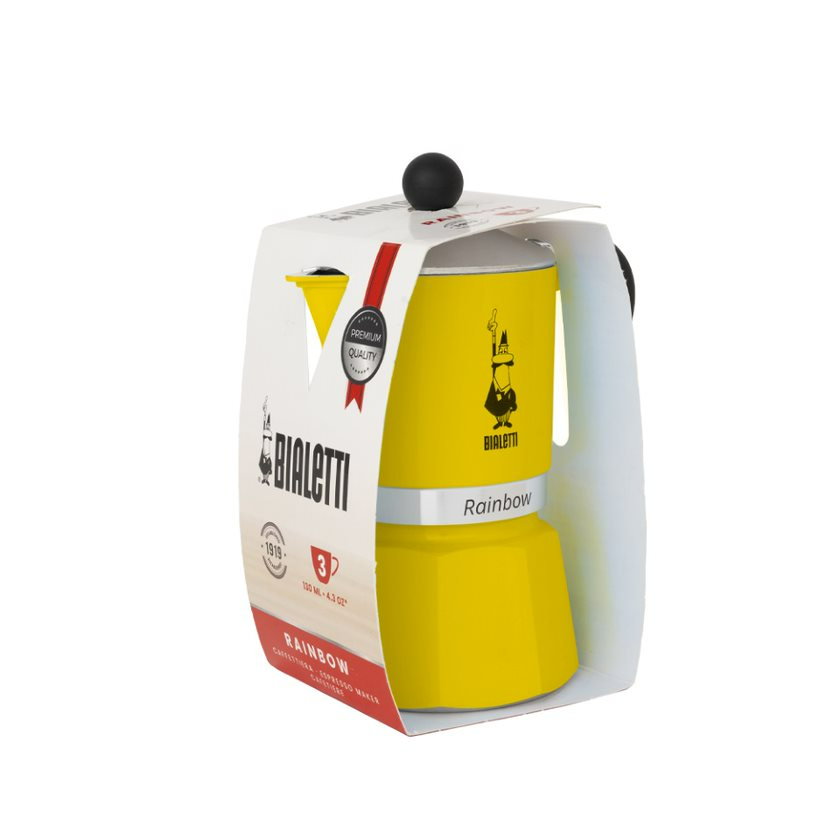 Sárga Bialetti Rainbow kávéfőző csomagolásban, fehér háttér.