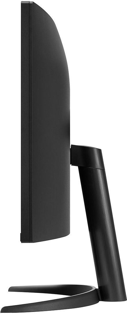 Seitenansicht eines schwarzen Computermonitors mit gewölbtem Bildschirm und schwarzem Ständer.
