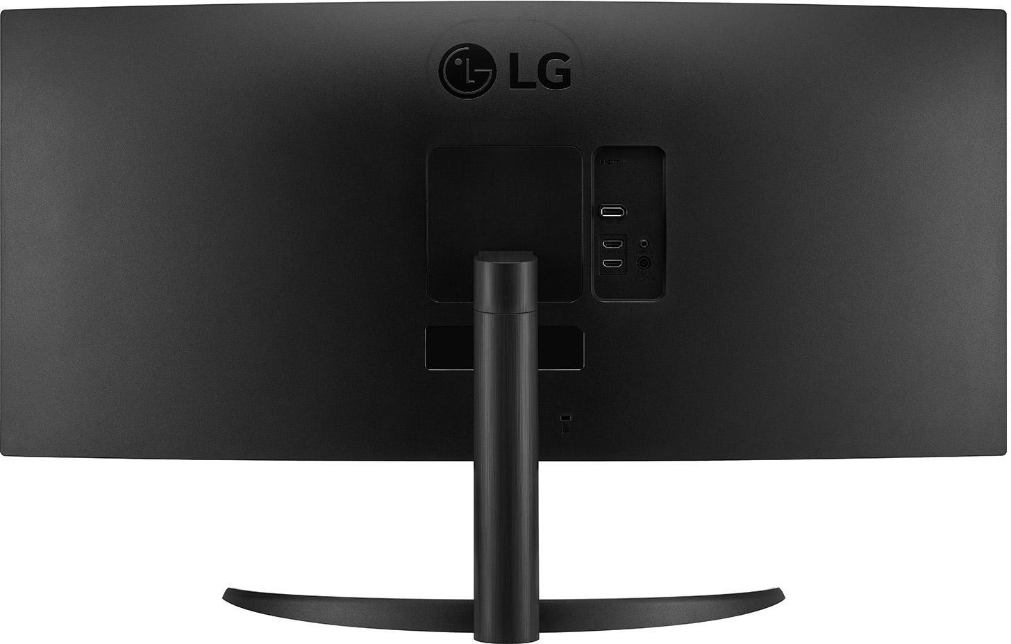 Rückansicht eines schwarzen LG-Monitors mit Anschlüssen und Ständer.