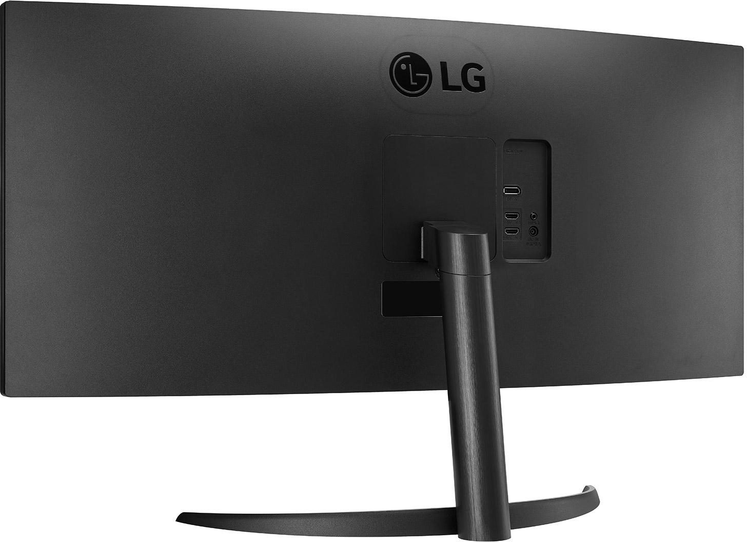 Die Rückseite eines schwarzen LG-Monitors mit Anschlüssen für USB, HDMI und Strom.