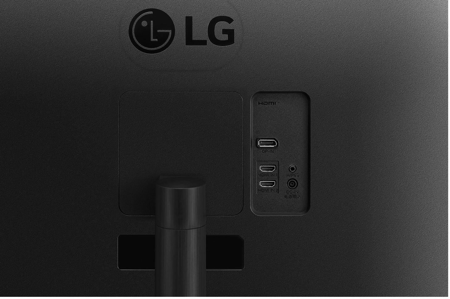 Rückseite eines schwarzen LG-Monitors mit HDMI- und anderen Anschlüssen.