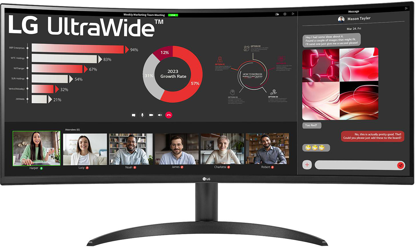 Gebogener LG UltraWide Monitor, der eine Videokonferenz und Datenvisualisierungen anzeigt.