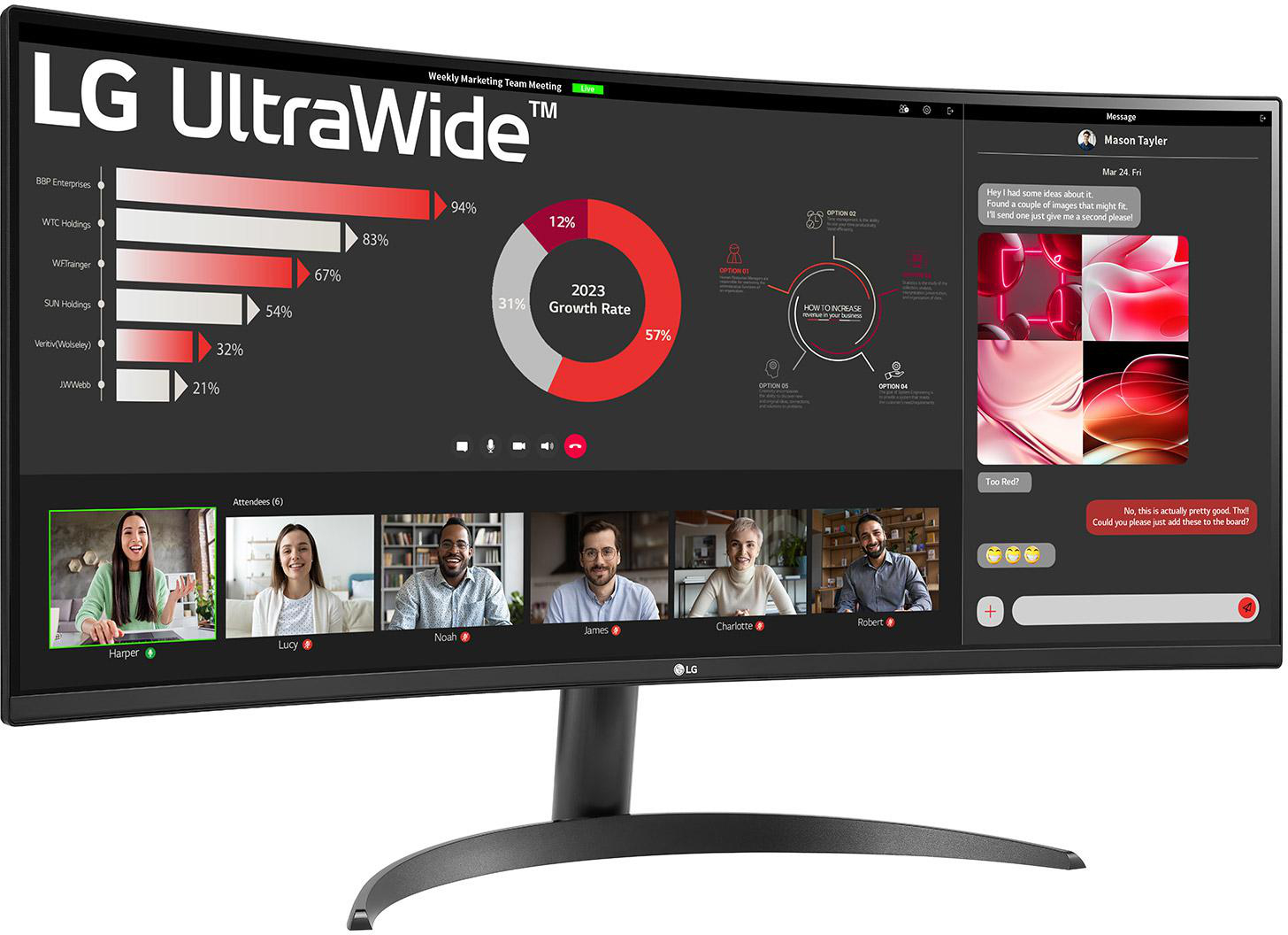 Gebogener Monitor mit Videogespräch. Schwarzer Ständer. Weißer Hintergrund.