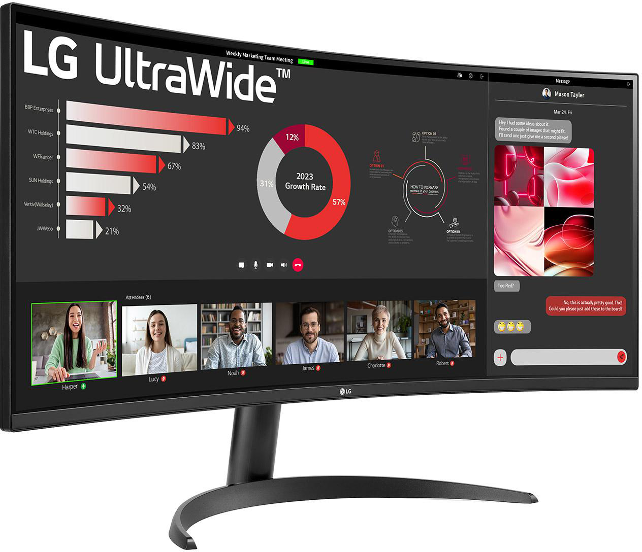 Ein gekrümmter Computermonitor, der eine Videokonferenz mit mehreren Teilnehmern anzeigt.