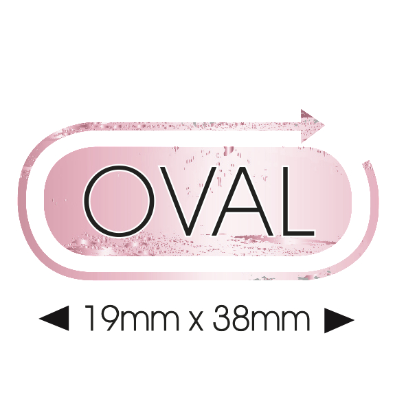 Ovales Logo mit dem Wort „OVAL“ und den darunter geschriebenen Abmessungen.