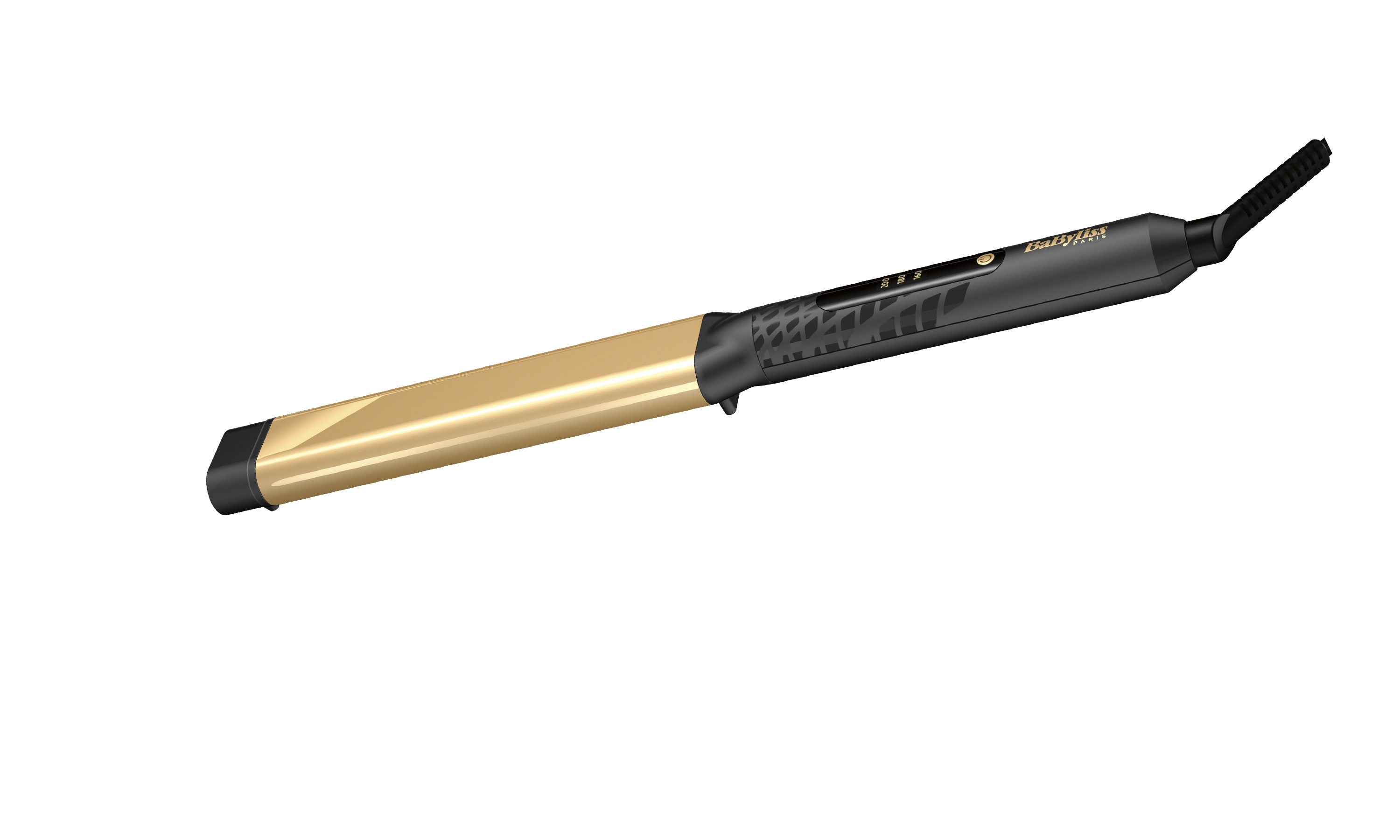Babyliss Lockenstab. Gold und Schwarz. Weißer Hintergrund.