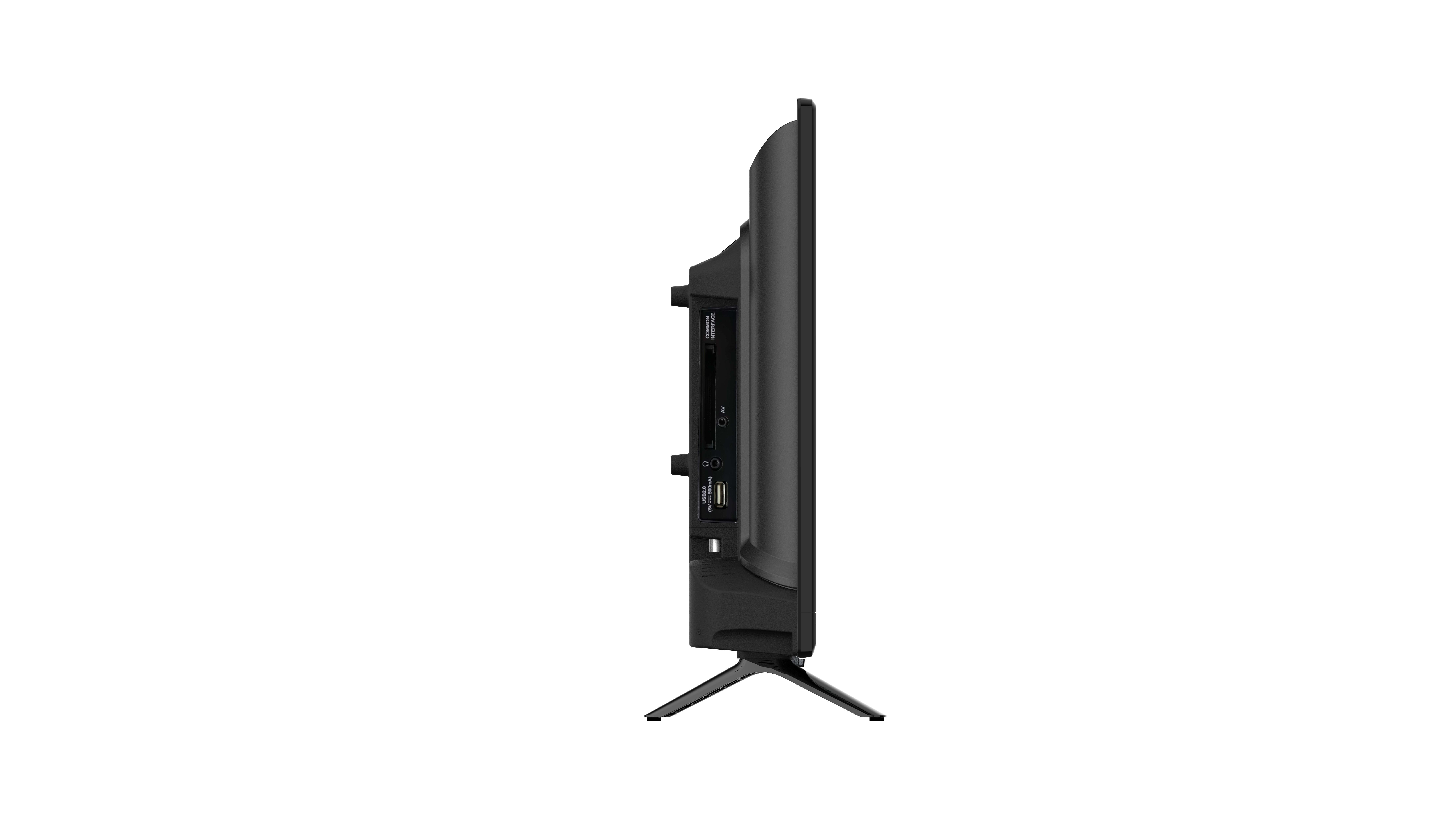 Seitenansicht eines schwarzen Fernsehers mit Ständer, die Anschlüsse zeigend.