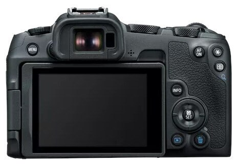 Widok z tyłu czarnego aparatu. Ekran wyświetla czarny obraz. Widoczne przyciski i pokrętła.