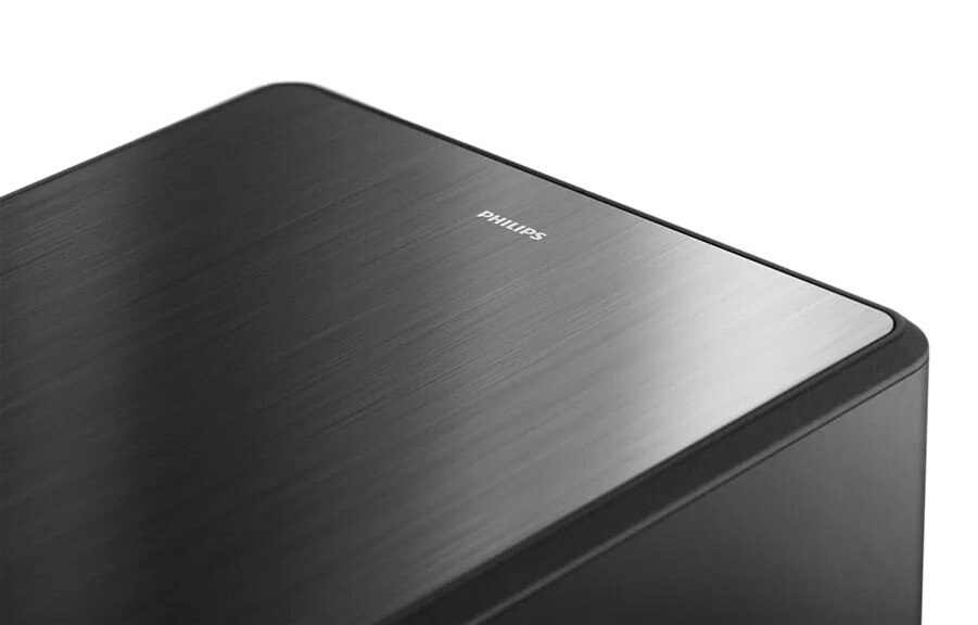 Czarne urządzenie ze szczotkowanym metalowym blatem i logo 'PHILIPS'.