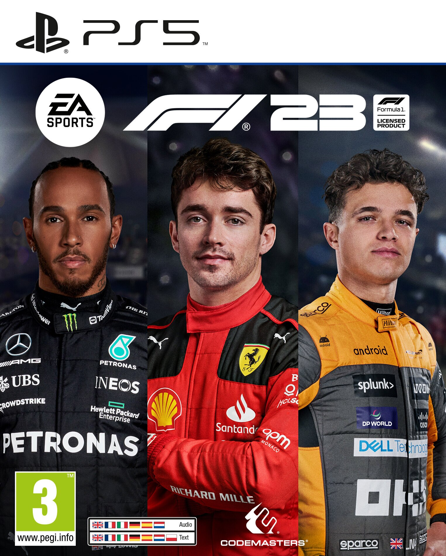 Okładka gry F1 23 PS5 z twarzami trzech kierowców F1.