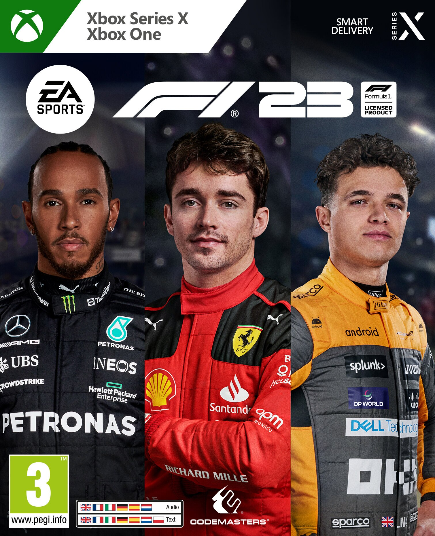 Okładka gry F1 23 z Lewisem Hamiltonem, Charlesem Leclerkiem i Lando Norrisem. Logo Xbox Series X.