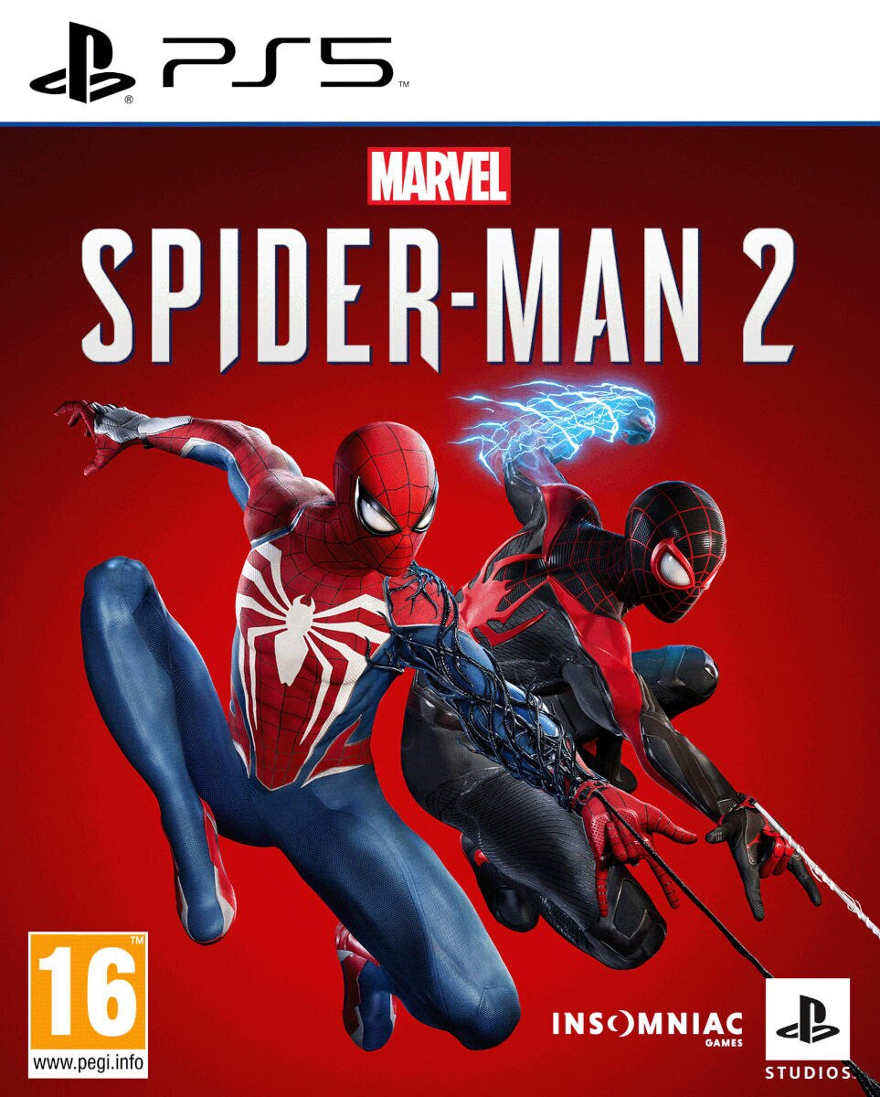 Okładka gry Spider-Man 2. Dwóch Spider-Manów i logo PS5 są widoczne.