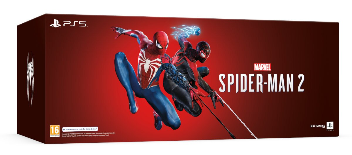 Pudełko gry Marvel Spider-Man 2 na PS5 z grafiką Spider-Mana i Milesa Moralesa.