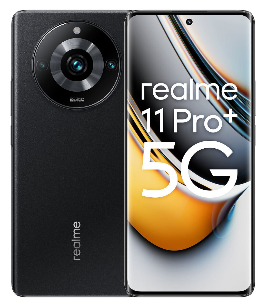 Czarny telefon Realme 11 Pro+ 5G. Duży aparat, zakrzywiony ekran, biały tekst: 'realme 11 Pro+ 5G'.