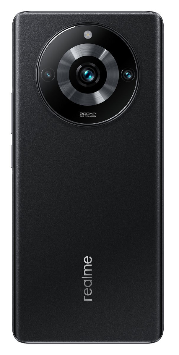 Tył czarnego smartfona z dużym modułem aparatu. Logo Realme znajduje się na dole.