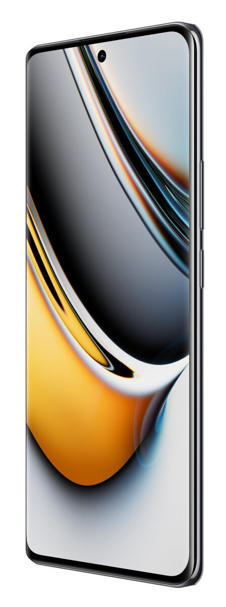 Widok z boku czarno-srebrnego smartfona z zakrzywionym ekranem.