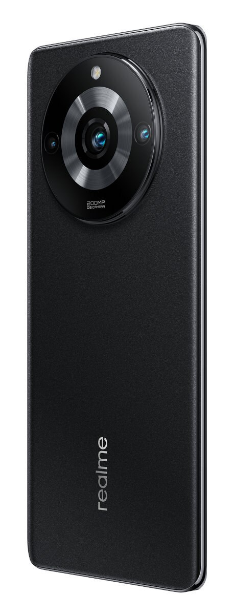 Czarny telefon, widok z tyłu z dużym aparatem i logo realme.