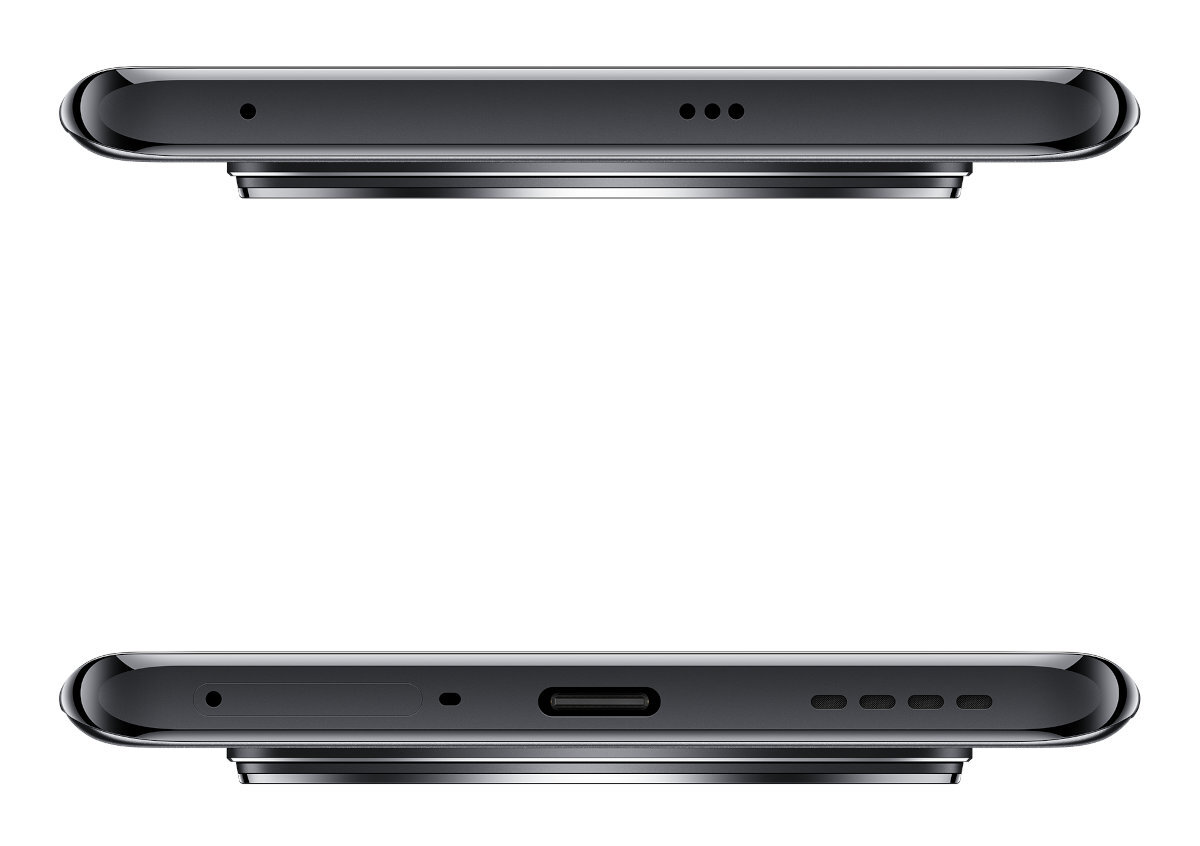 Dwa boki ciemnoszarego smartfona, góra i dół.