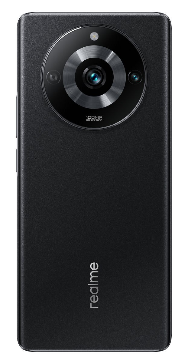 Czarny smartfon z dużym, okrągłym modułem aparatu z tyłu. Logo Realme na dole.